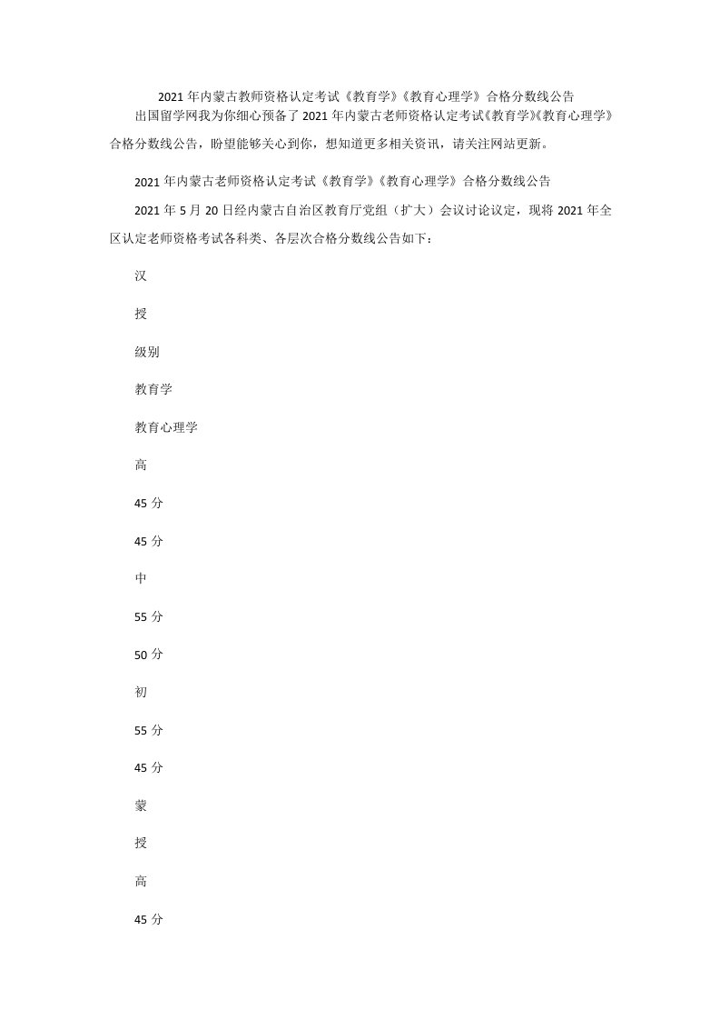 2021年内蒙古教师资格认定考试《教育学》《教育心理学》合格分数线公告