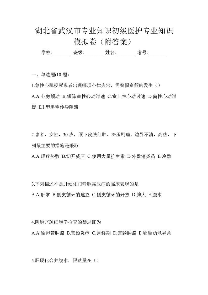 湖北省武汉市初级护师专业知识模拟卷附答案