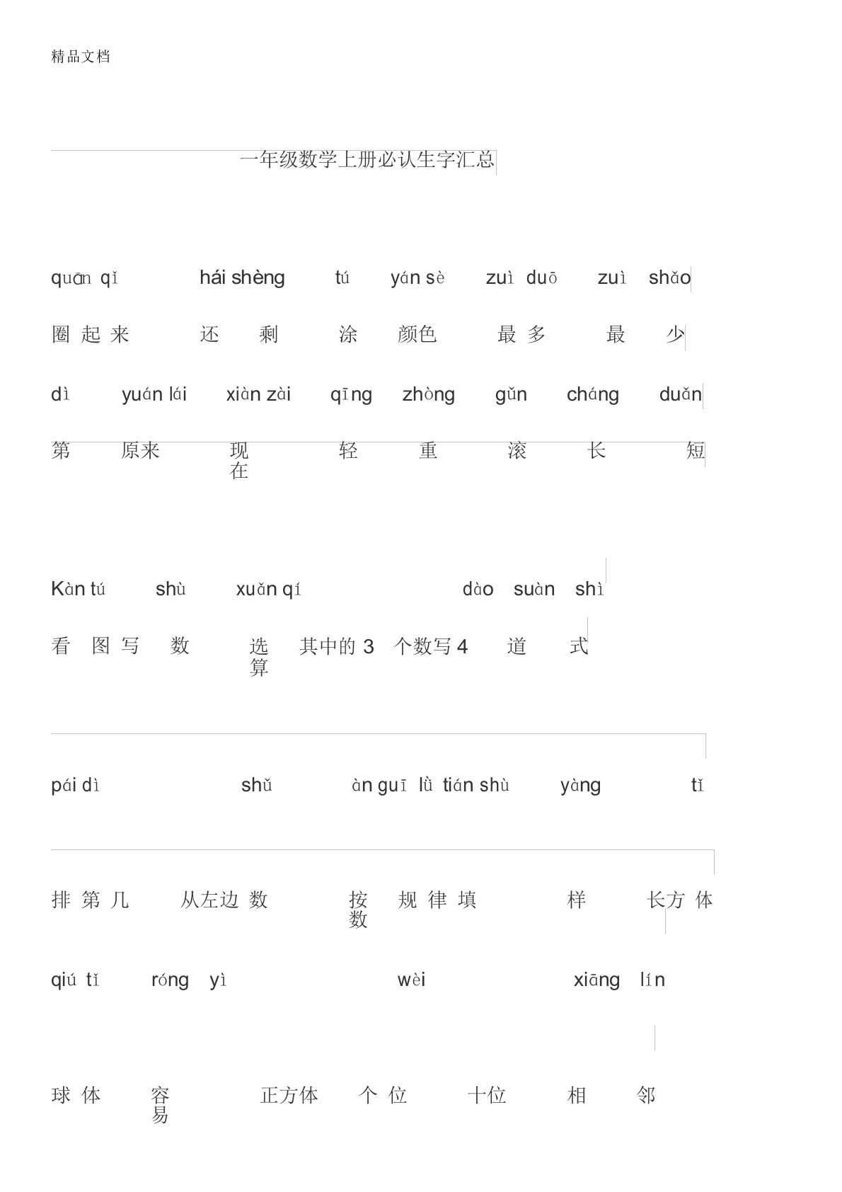 一年级数学上册必认生字汇总