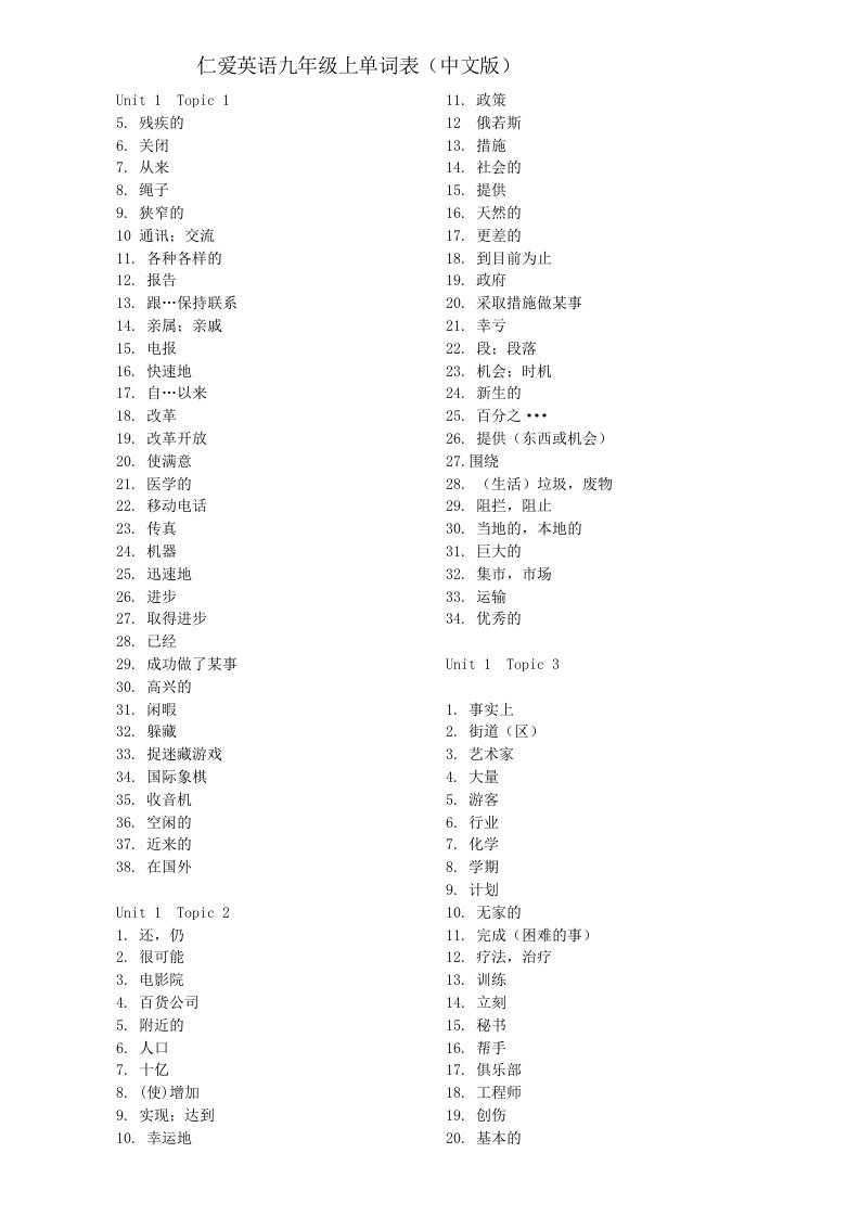 2015最新仁爱英语九年级上单词表中文版