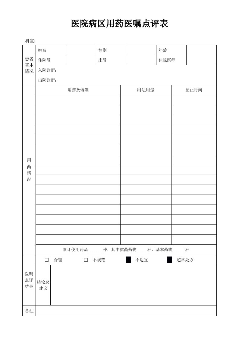 医院住院医嘱点评表