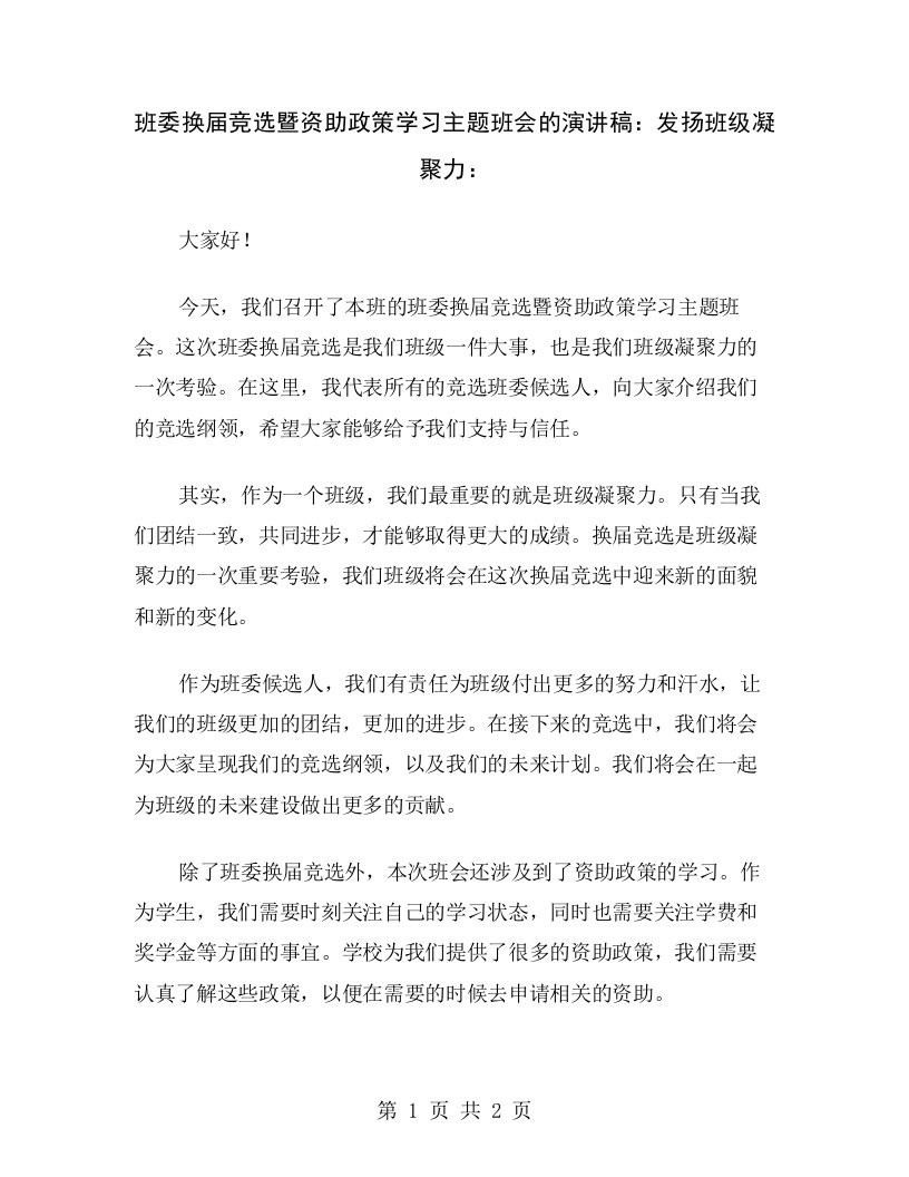 班委换届竞选暨资助政策学习主题班会的演讲稿：发扬班级凝聚力