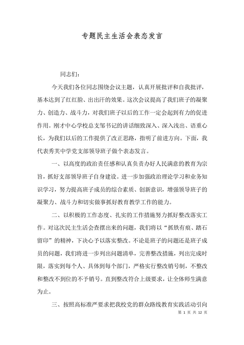 专题民主生活会表态发言（一）