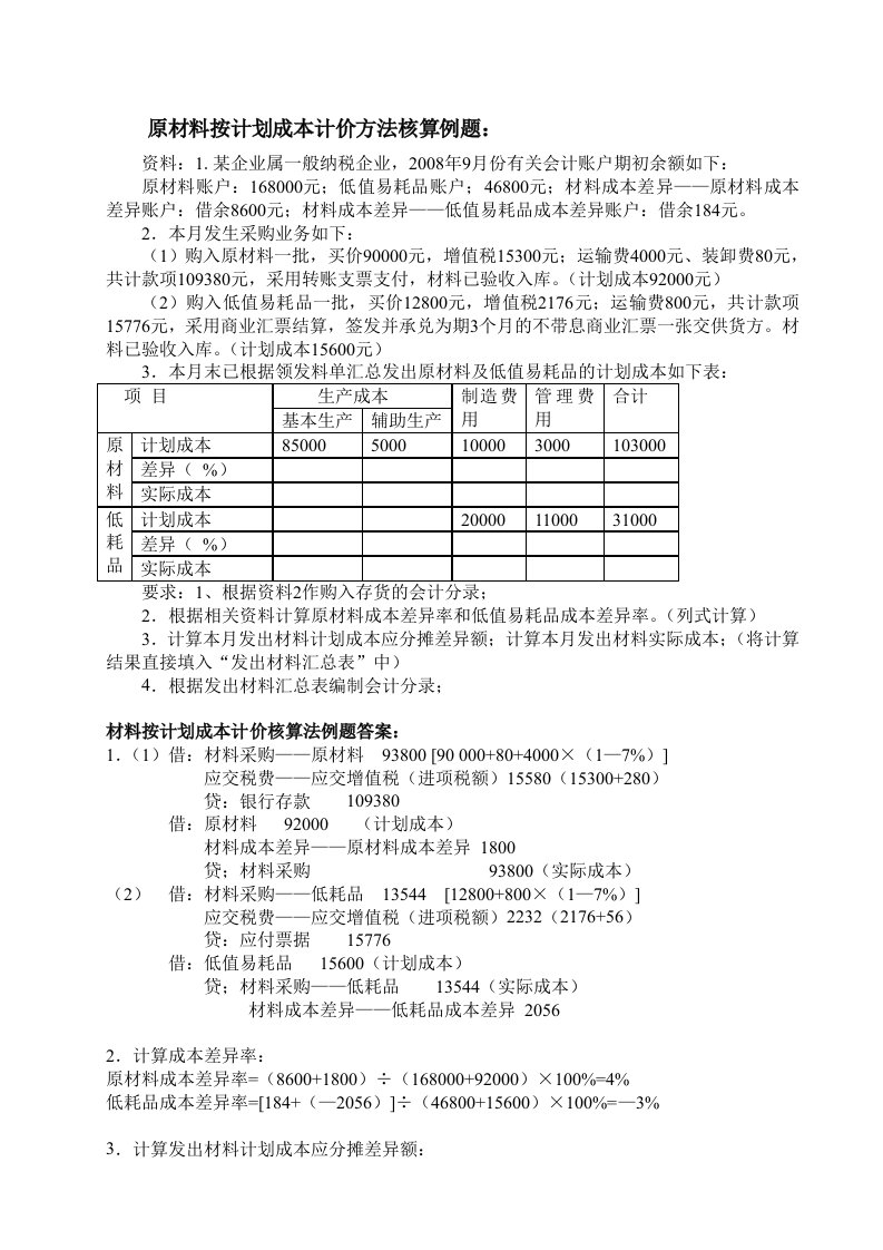 计划成本法例题