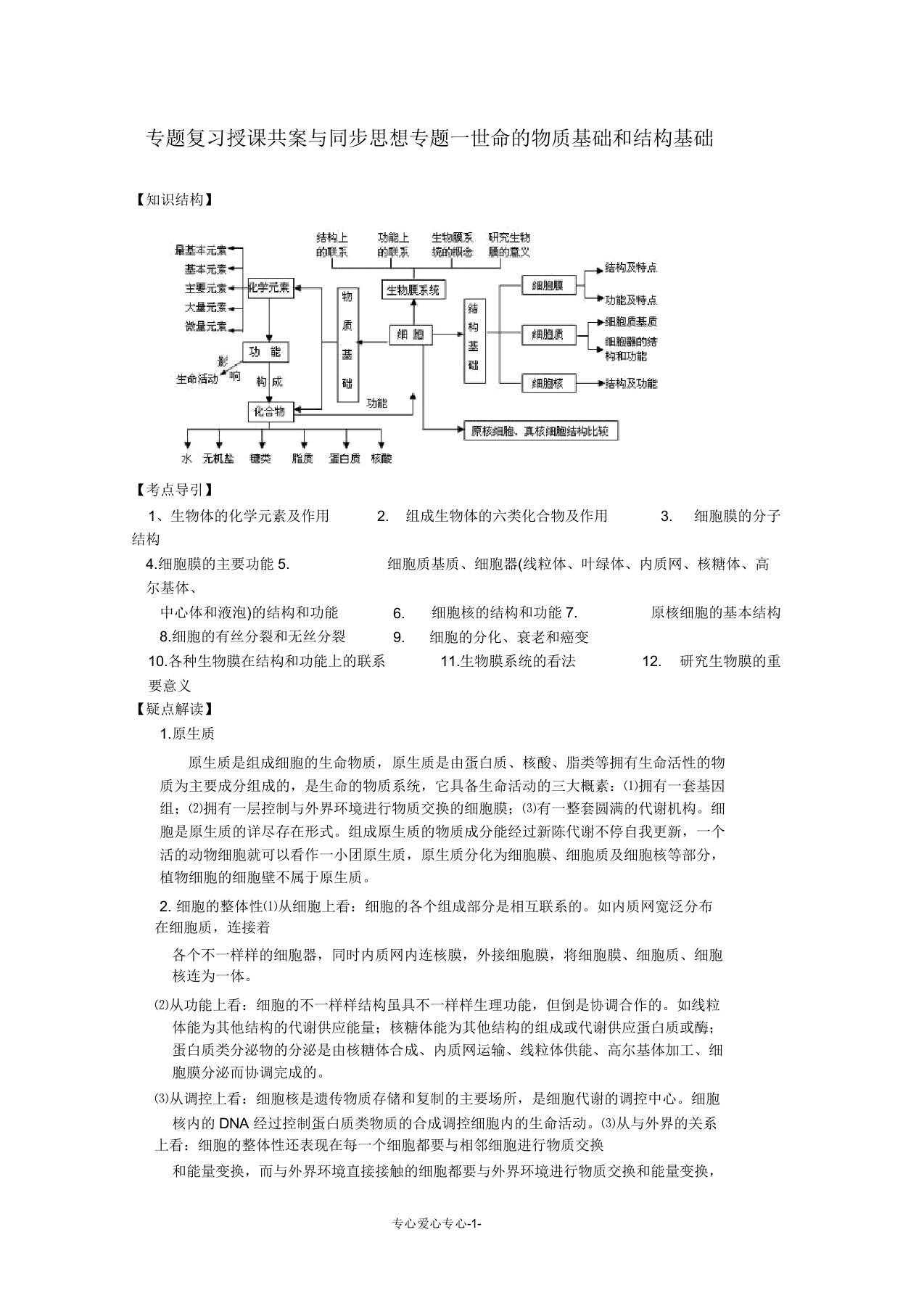 高三生物二轮复习专题一生命物质基础和结构基础人教版