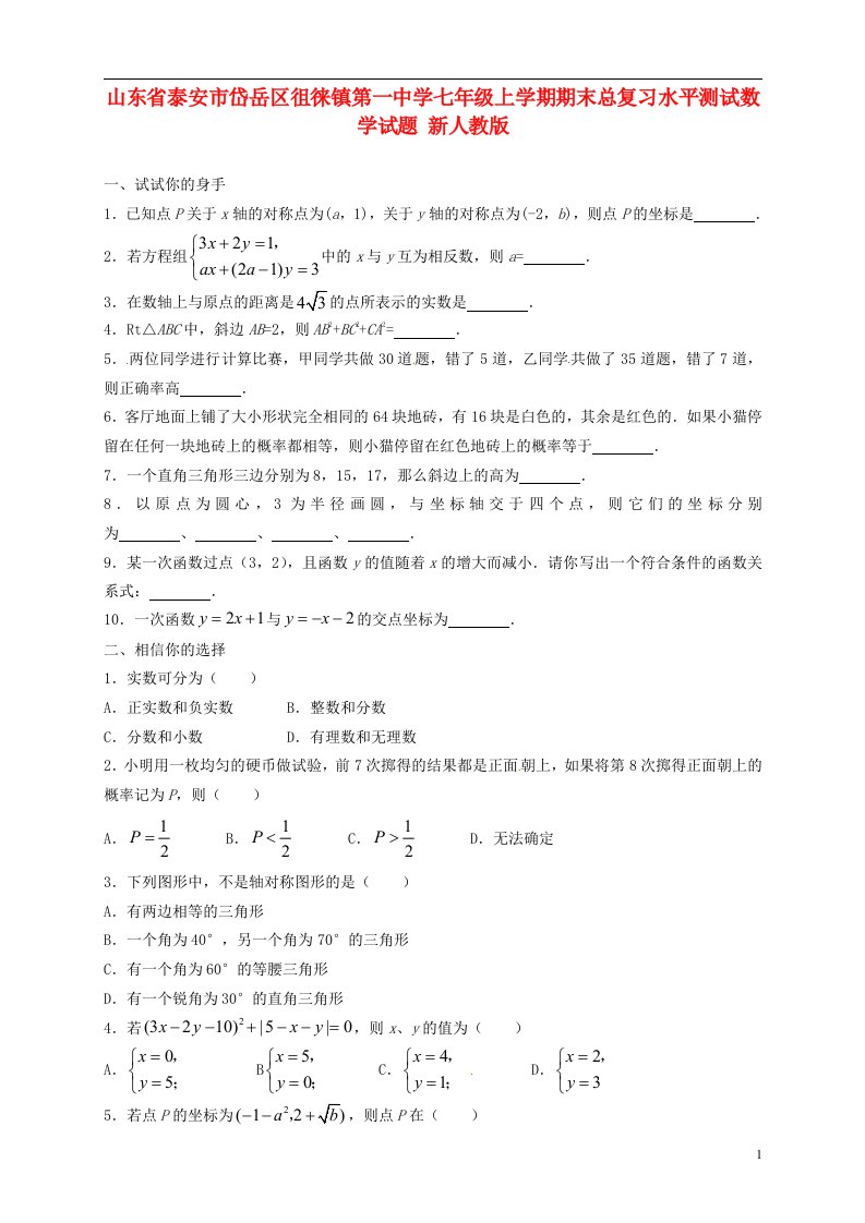 山东省泰安市岱岳区徂徕镇第一中学七级数学上学期期末总复习水平测试试题