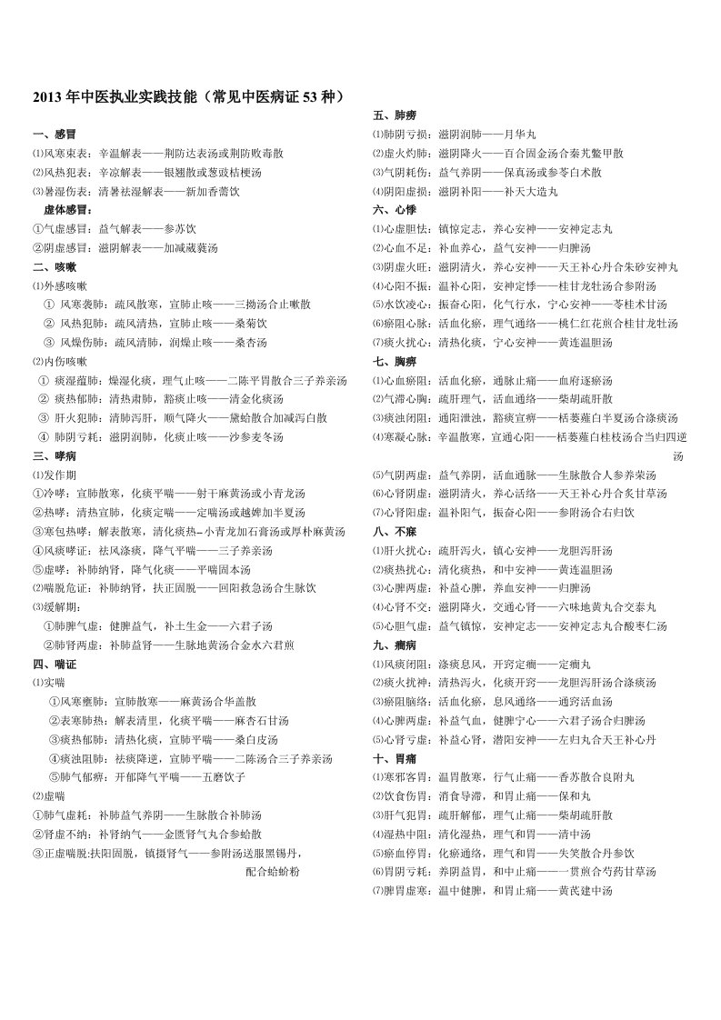 2013年中医执业实践技能(常见中医病证53种)