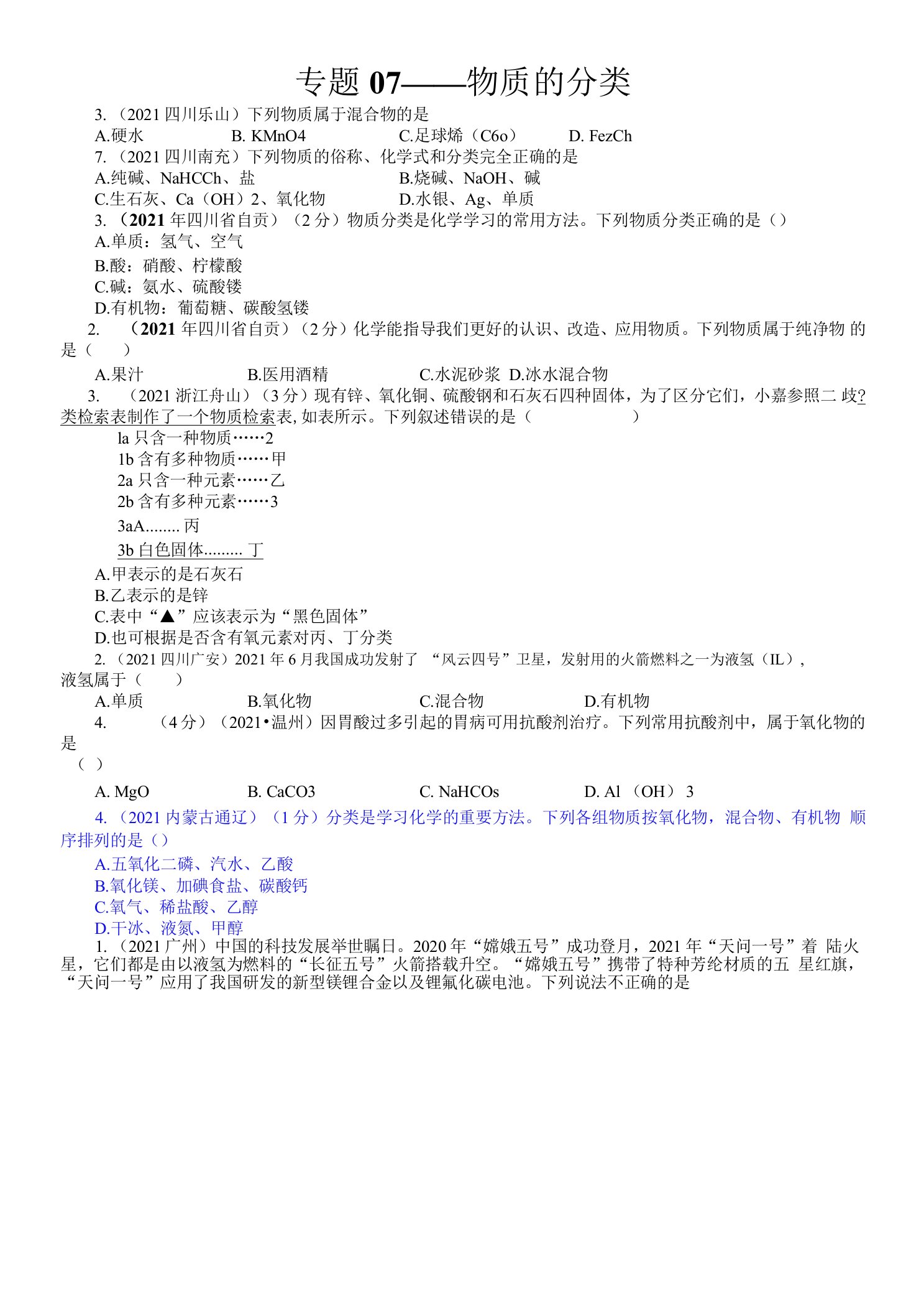 2021全国中考化学真题专题——物质的分类（学生版）