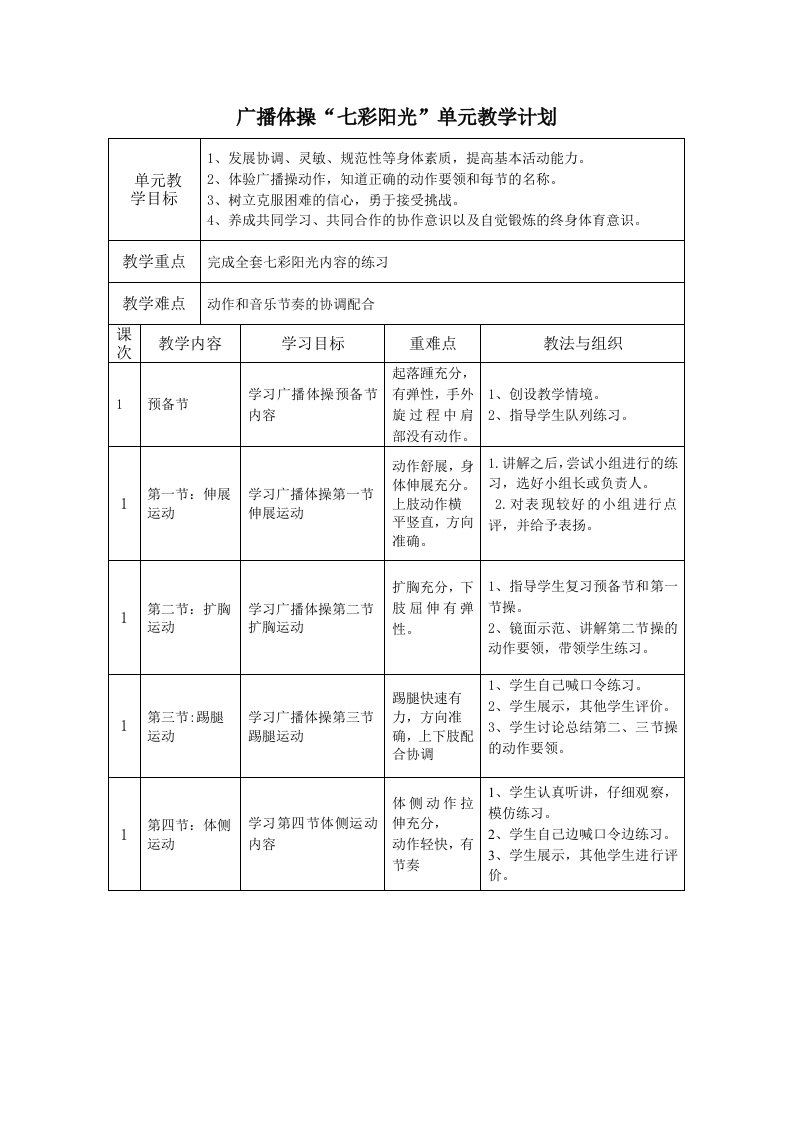 广播体操单元教学计划