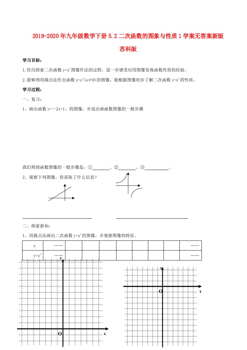 2019-2020年九年级数学下册5.2二次函数的图象与性质1学案无答案新版苏科版