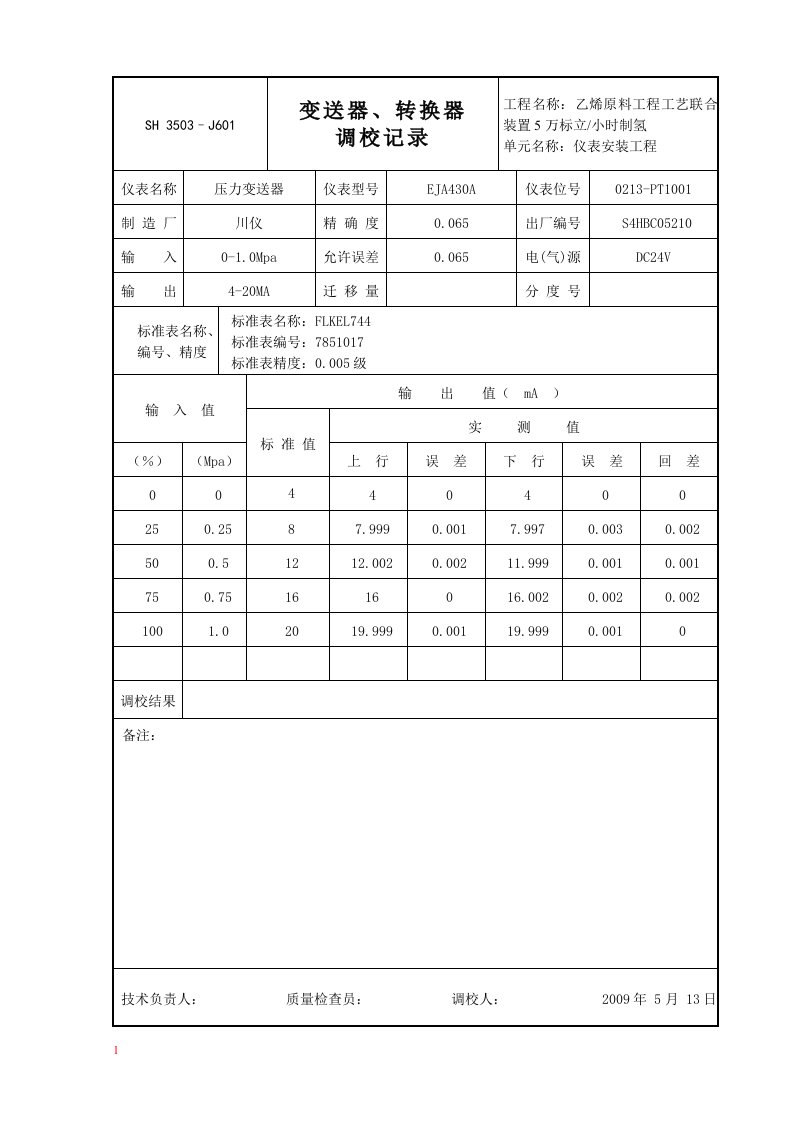 J601变送器、转换器调校记录