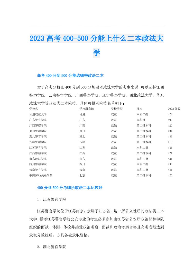 高考400500分能上什么二本政法大学