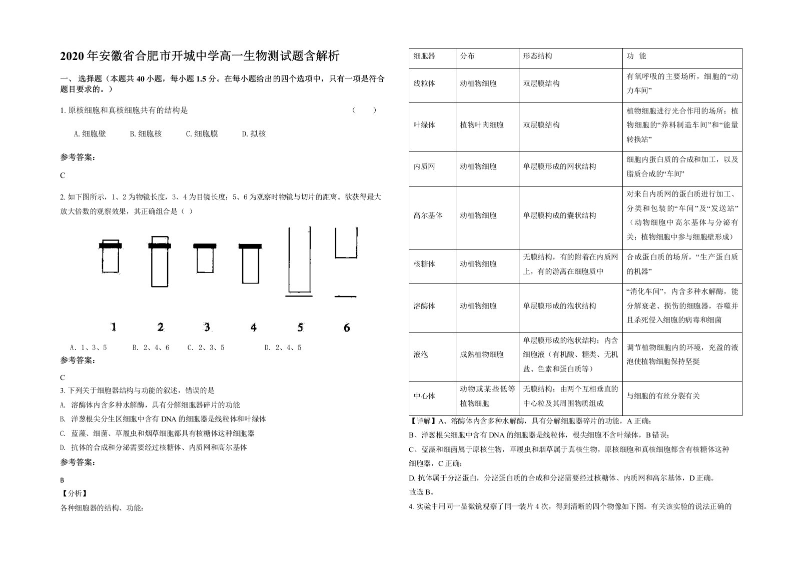 2020年安徽省合肥市开城中学高一生物测试题含解析