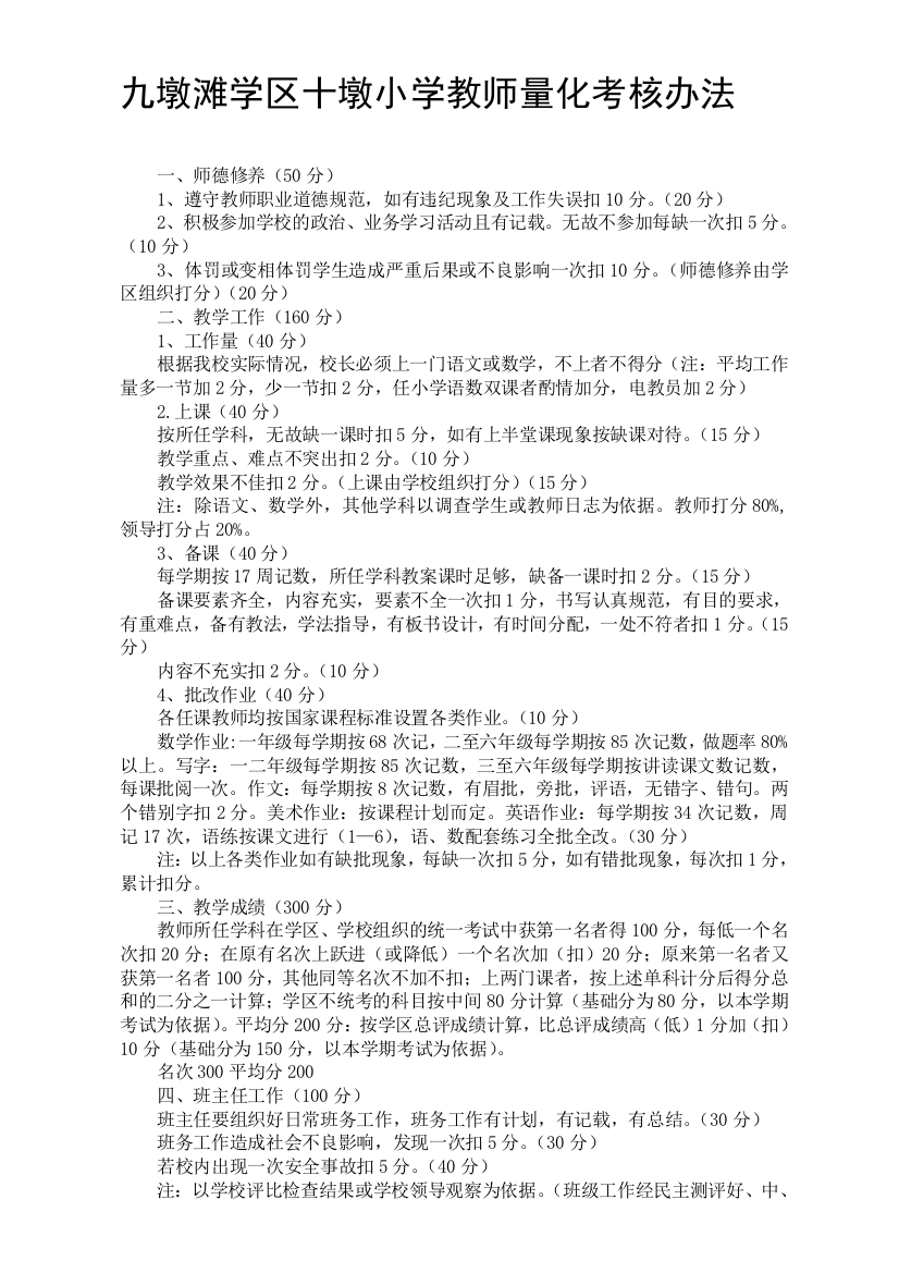 九墩滩学区十墩小学教员量化考察办法