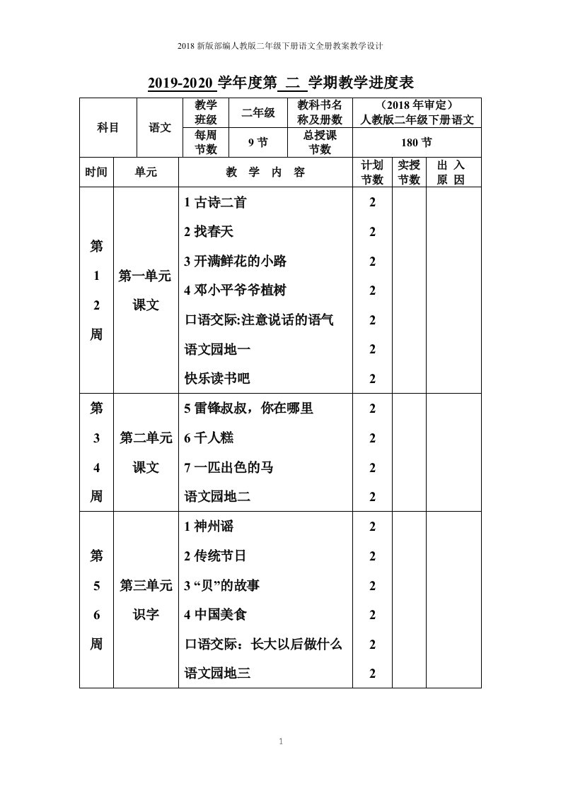 2019-2020新版部编人教版小学二年级下册语文教学设计（全册）