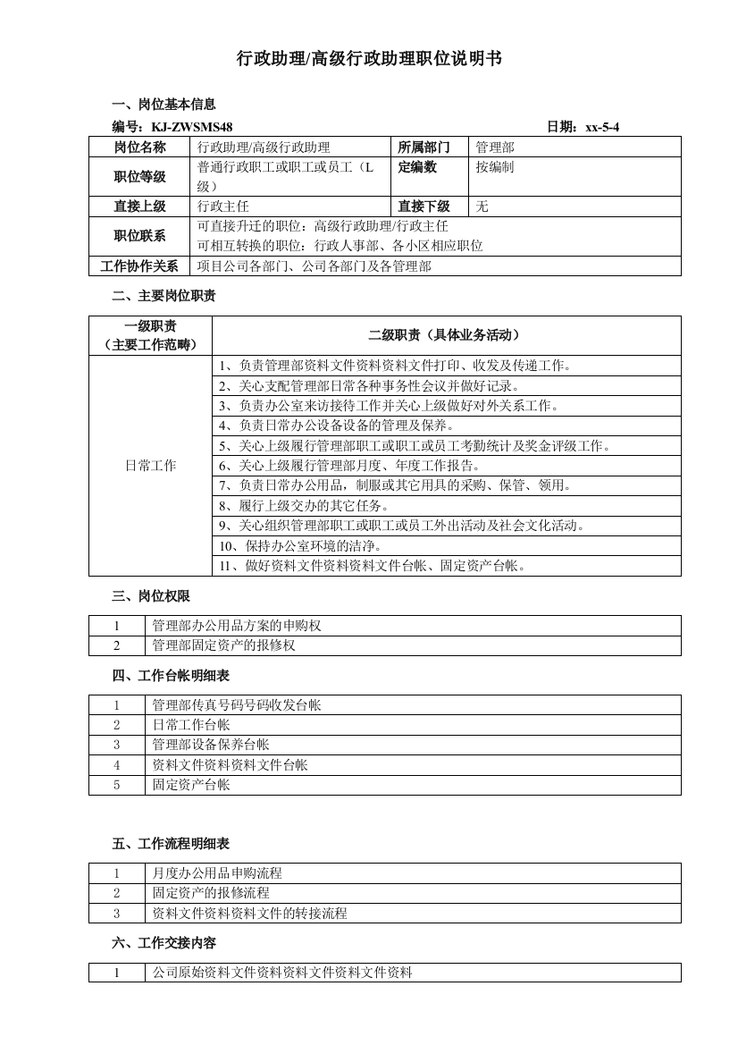 物业公司行政助理(小区文员)职务说明书