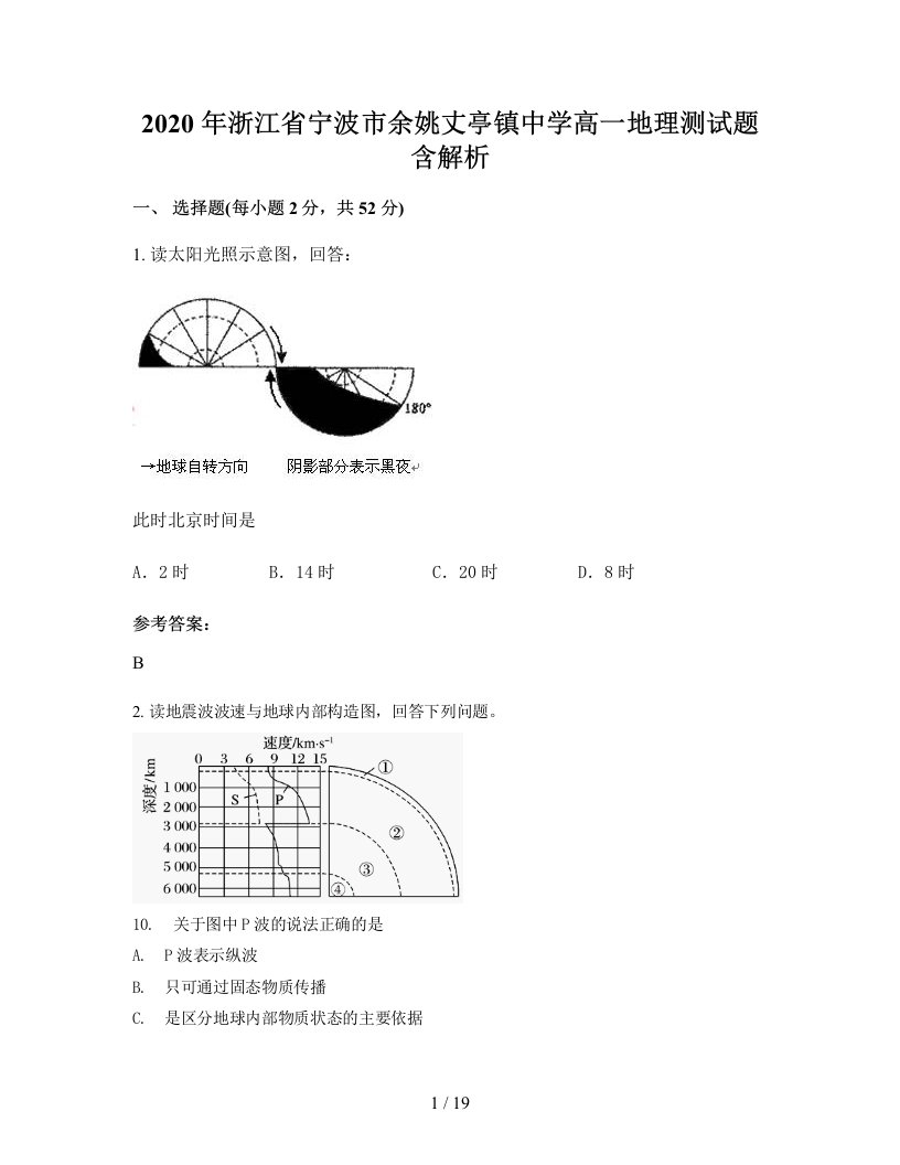 2020年浙江省宁波市余姚丈亭镇中学高一地理测试题含解析