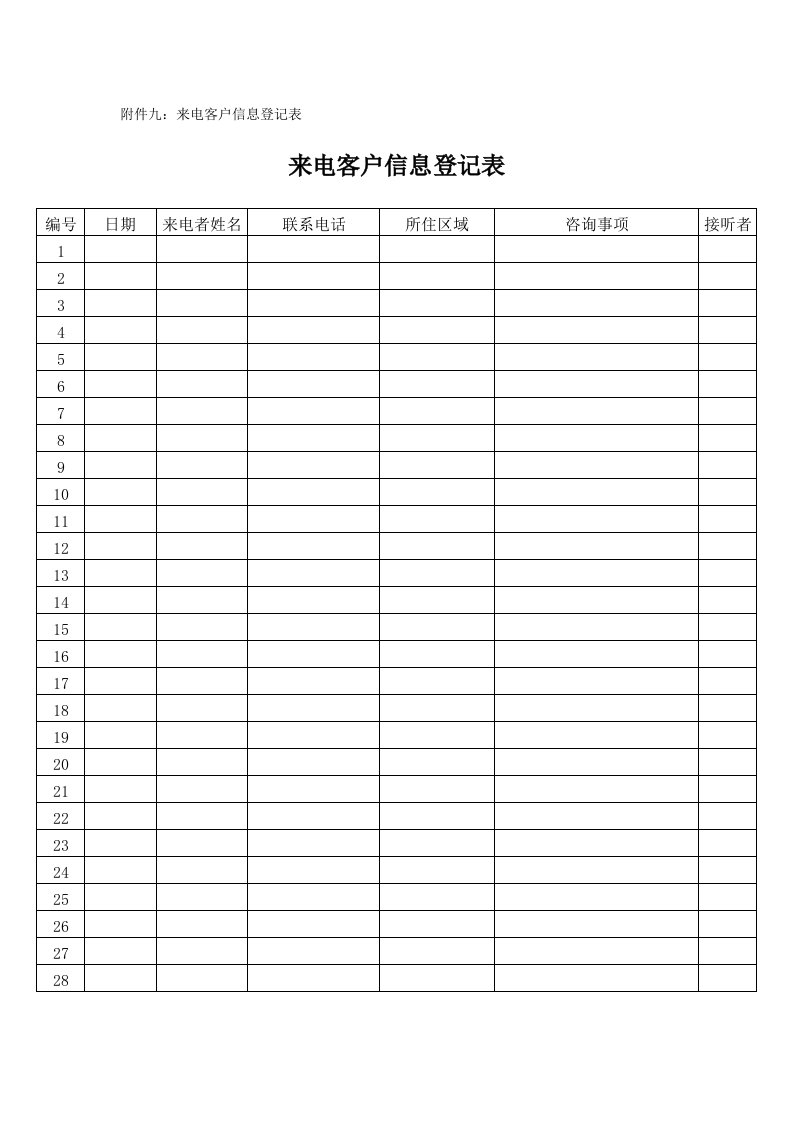 房地产项目来电客户信息登记表-模板