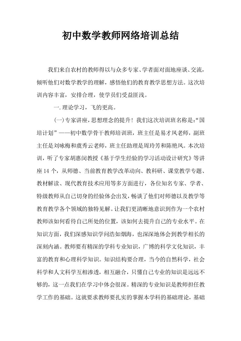 初中数学教师网络培训总结