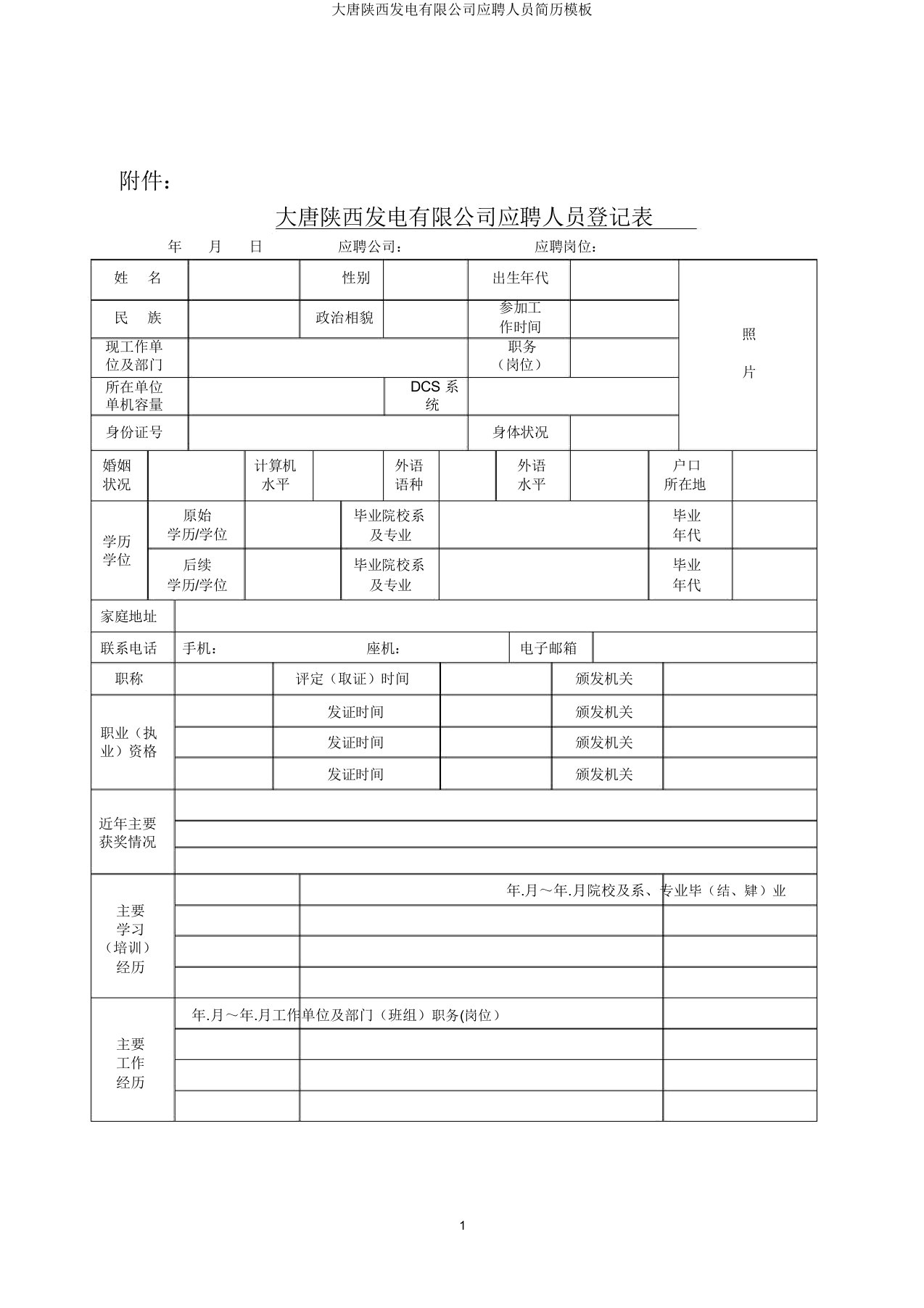 大唐陕西发电有限公司应聘人员简历模板