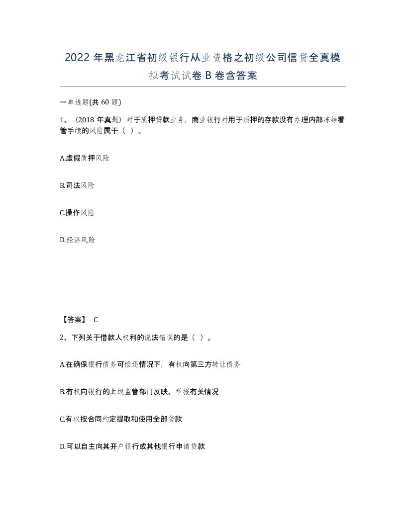 2022年黑龙江省初级银行从业资格之初级公司信贷全真模拟考试试卷B卷含答案