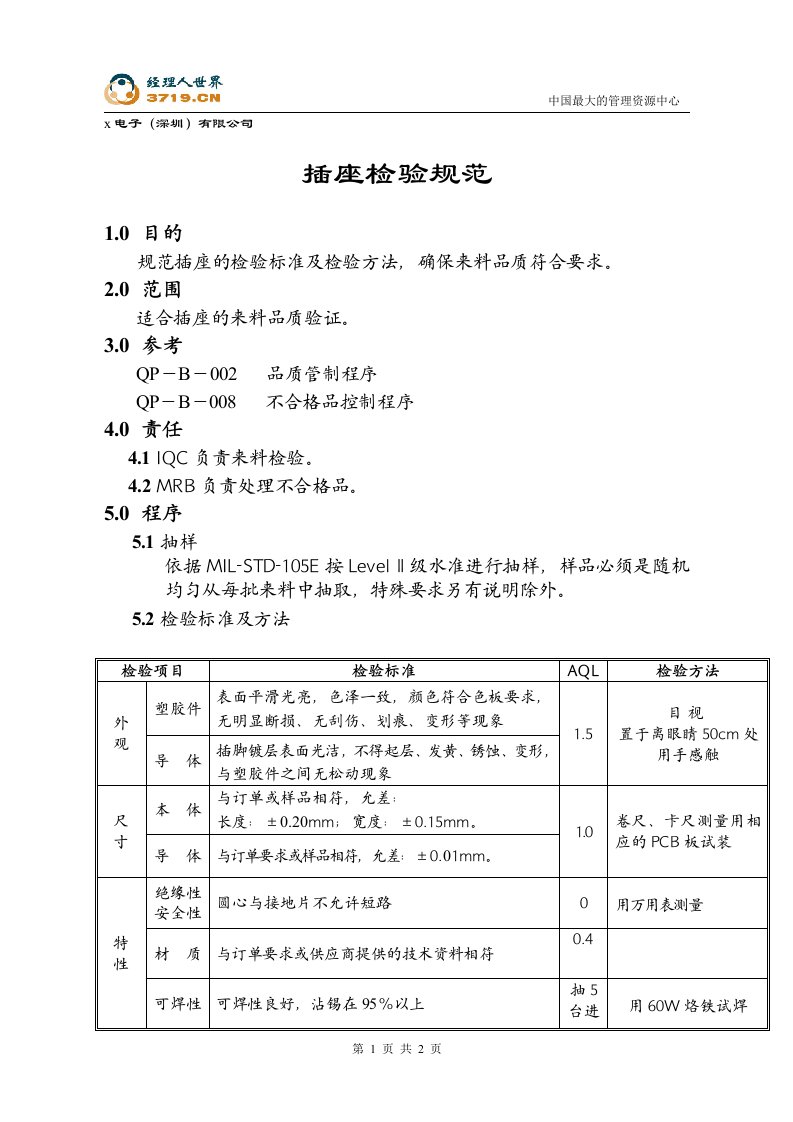 x赛龙电子IQC检验标准-插座检验规范(doc)-质量检验