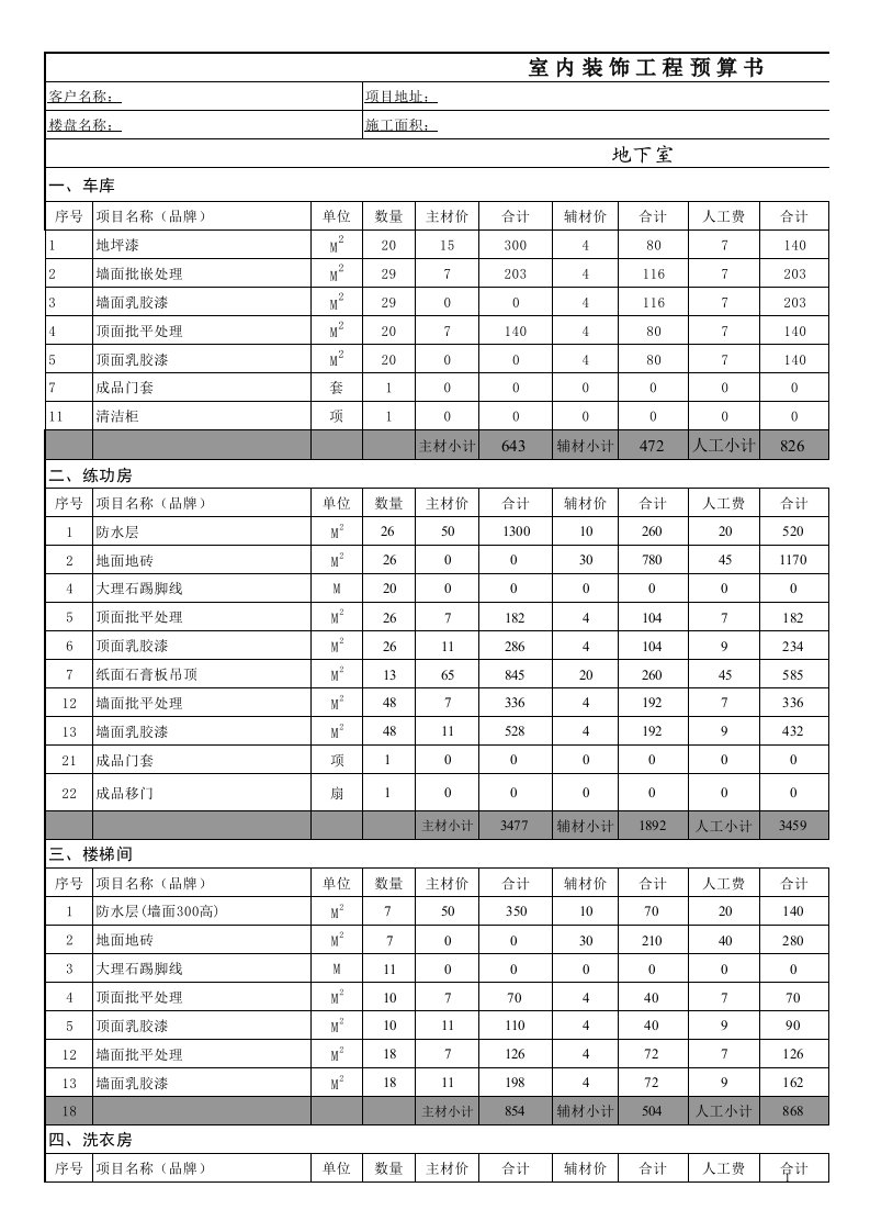 企业管理表格-一家大型装饰公司的别墅装修预算表