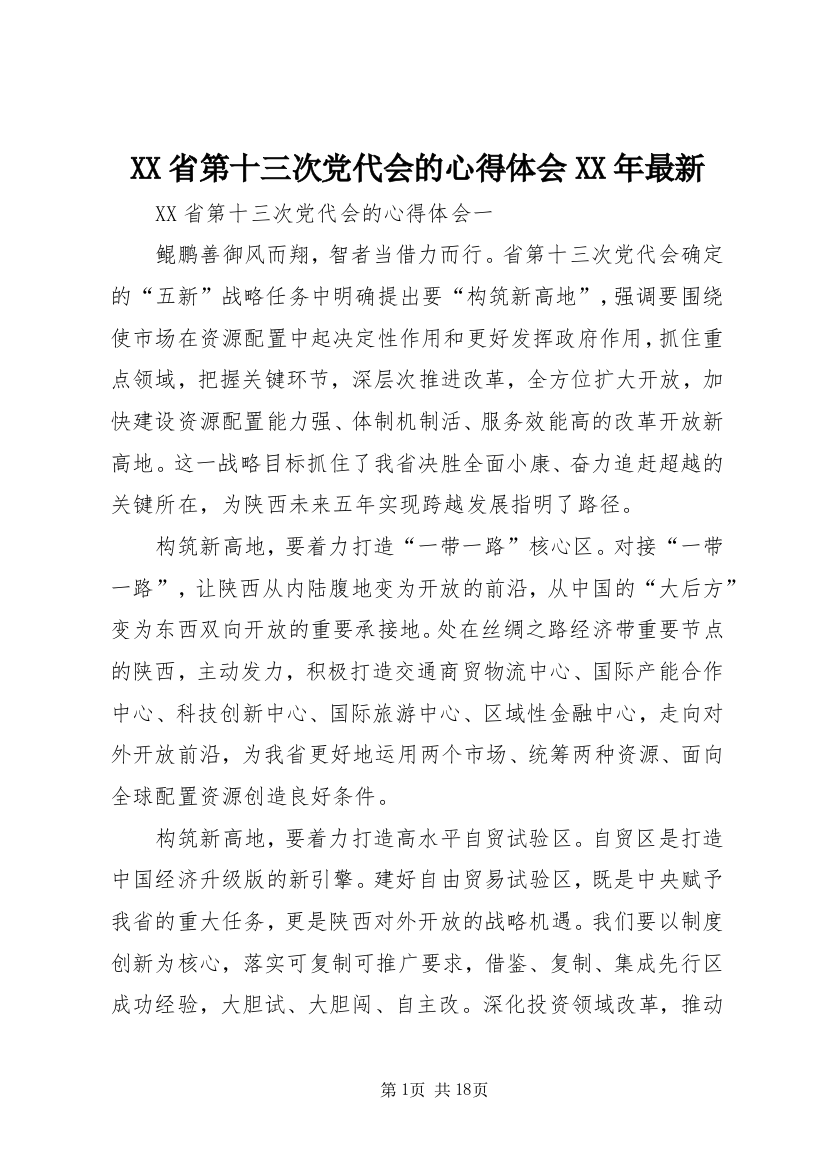 XX省第十三次党代会的心得体会XX年最新