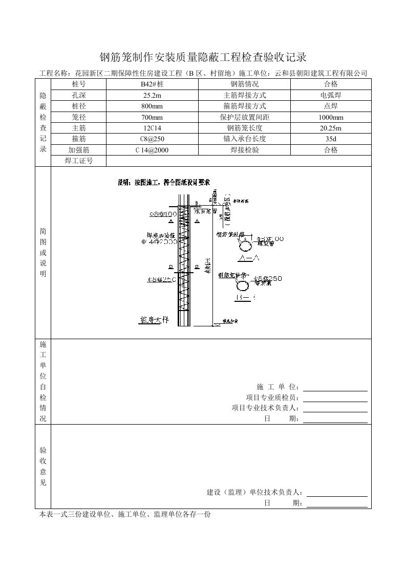 钢筋笼制作安装质量隐蔽工程检查验收记录