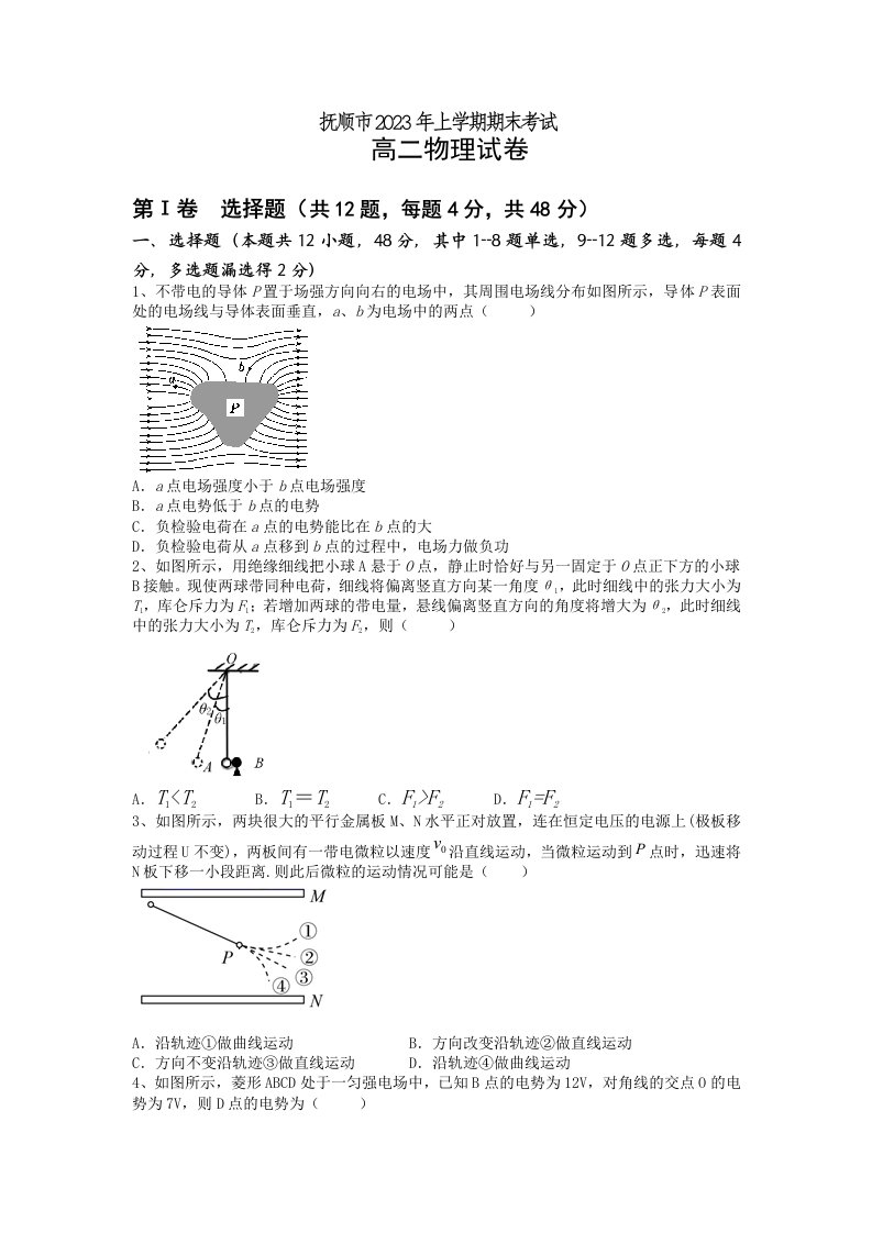 辽宁省抚顺市2023学年高二上学期期末考试物理试卷