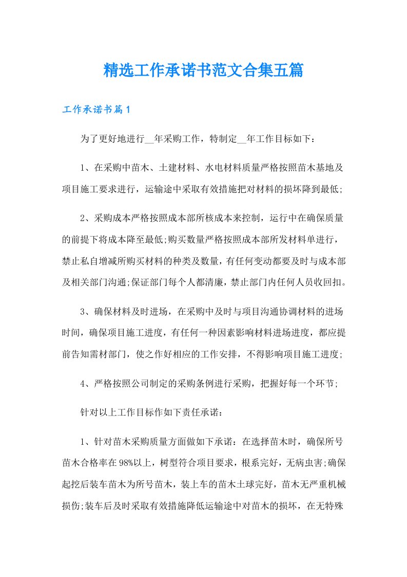 精选工作承诺书范文合集五篇