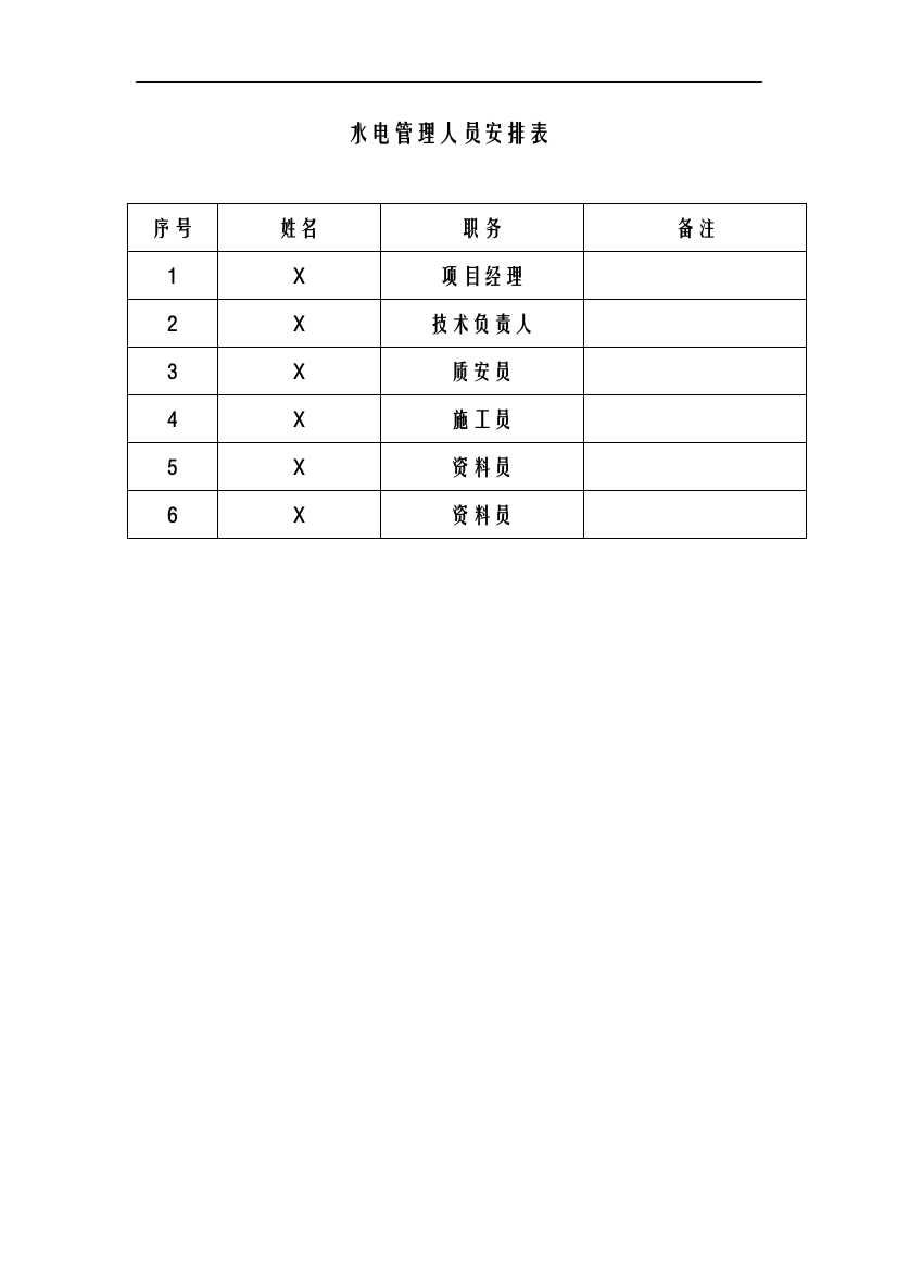 水电管理人员安排表