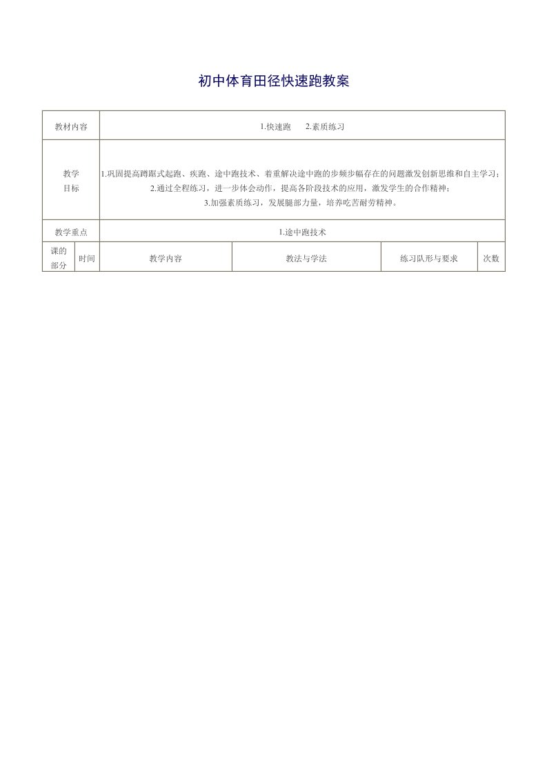 初中体育田径快速跑教案