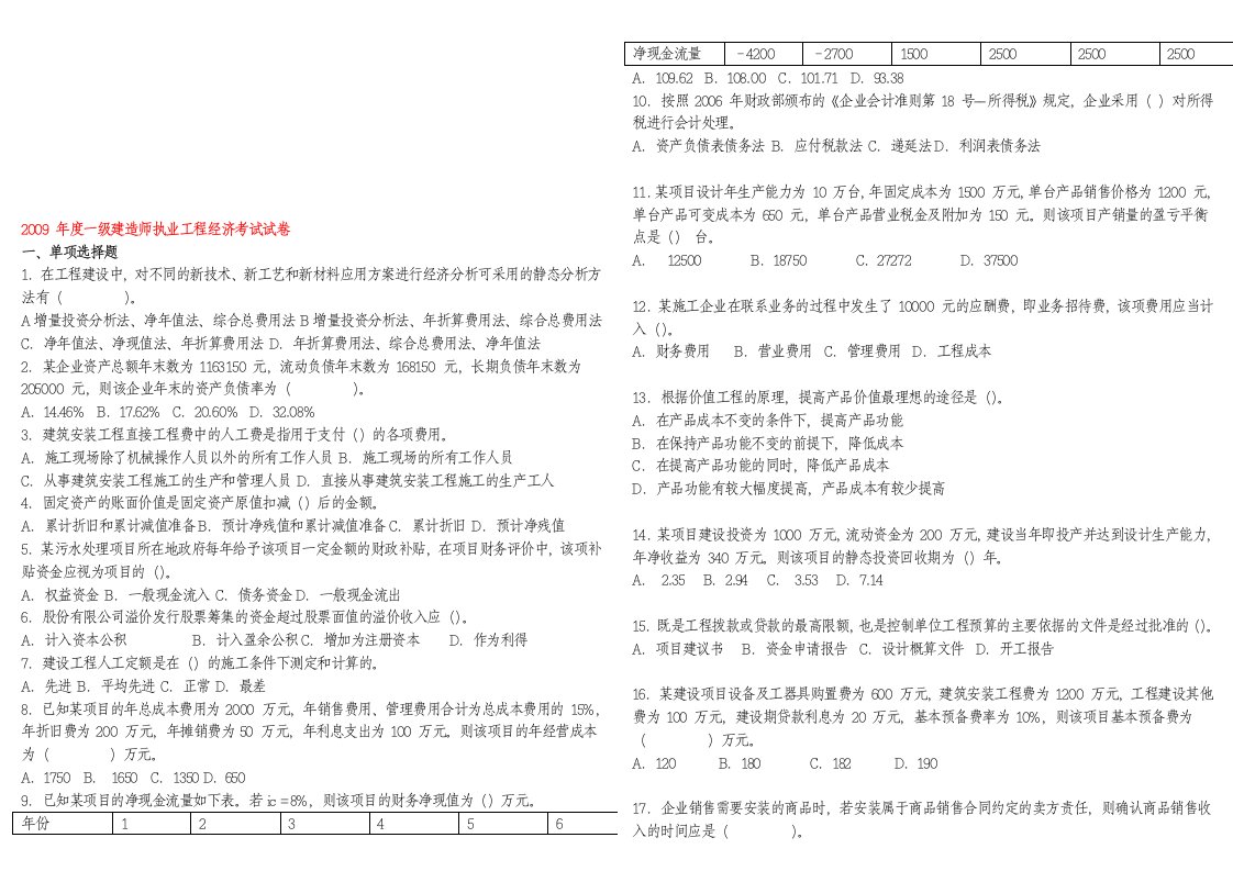 一级建造师执业工程经济模拟试题