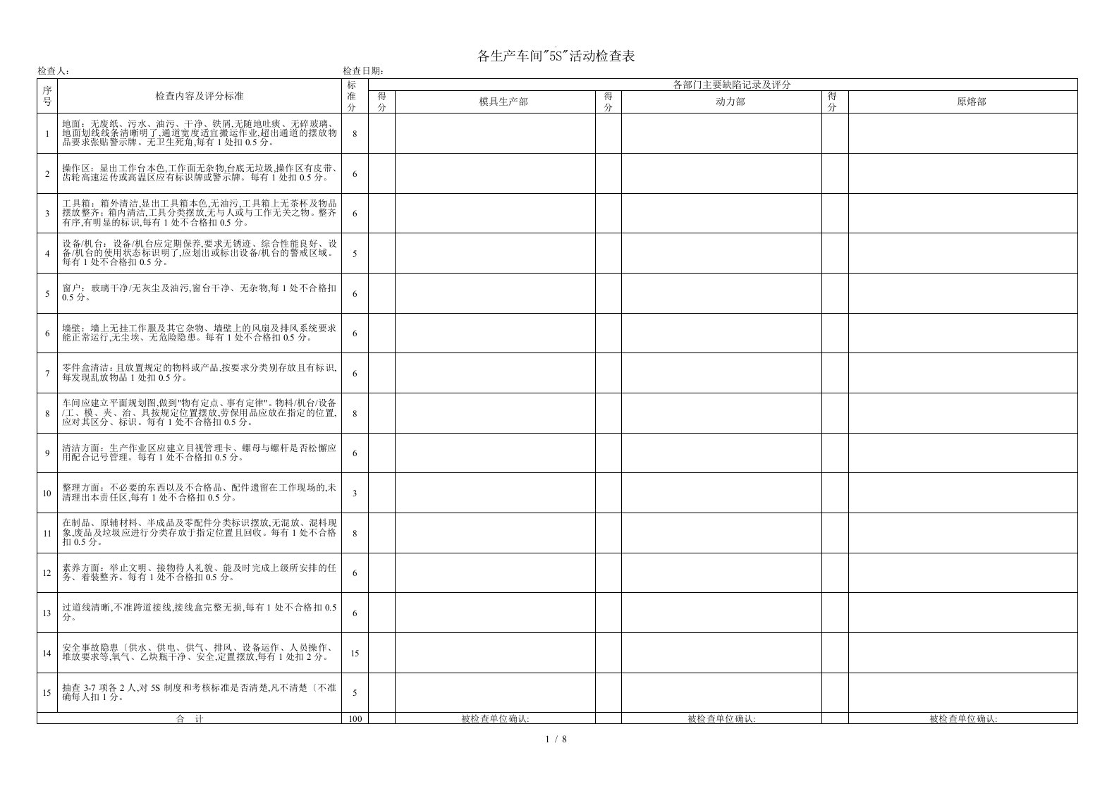各生产车间“5S”活动检查表