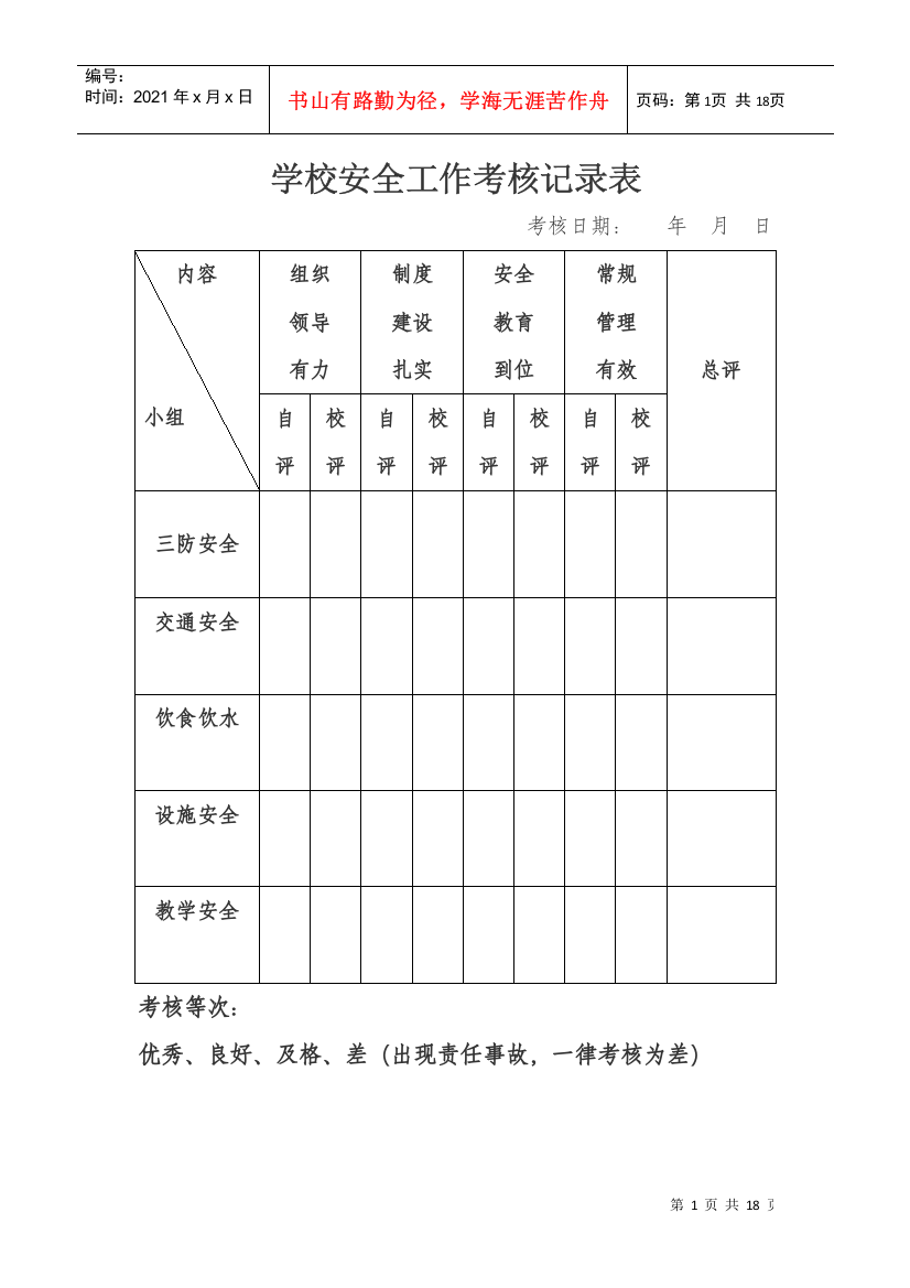 学校安全工作考核记录表