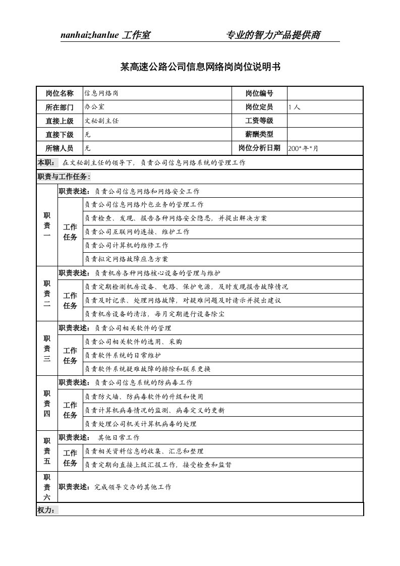 某高速公路公司信息网络岗岗位说明书