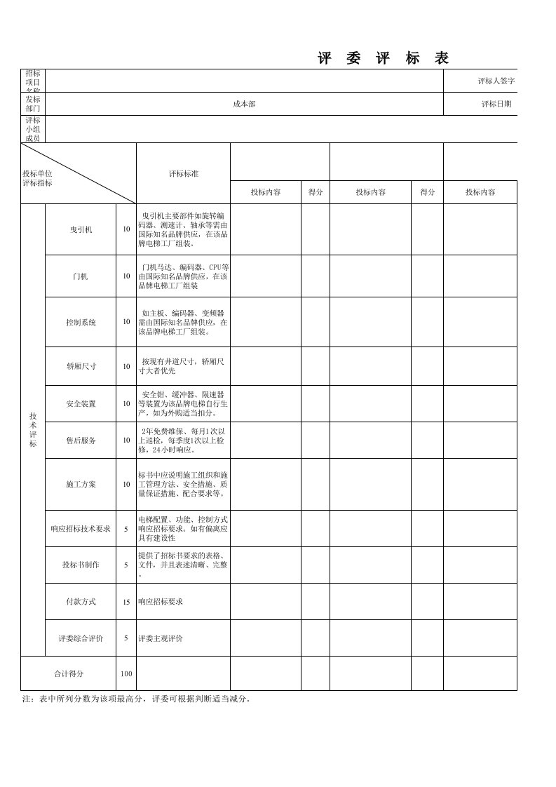 电梯评标表