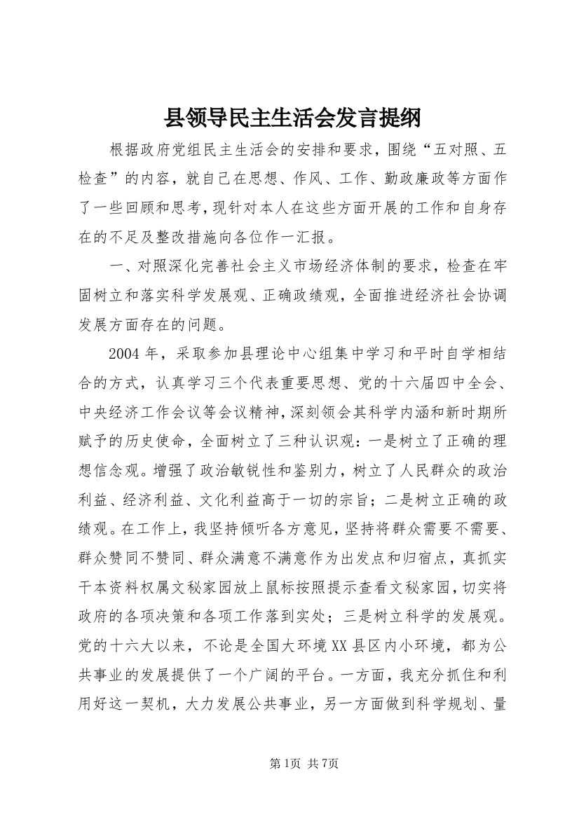 县领导民主生活会发言提纲_1