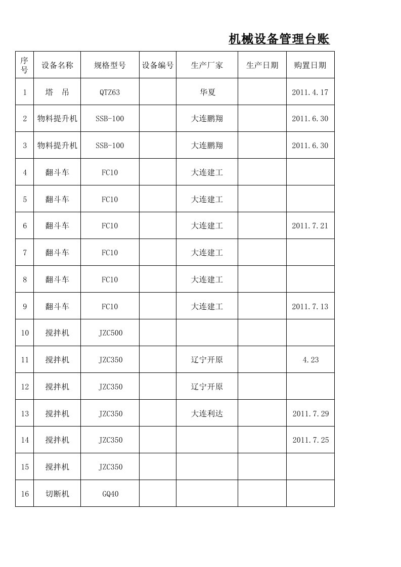 机械行业-机械设备管理台账