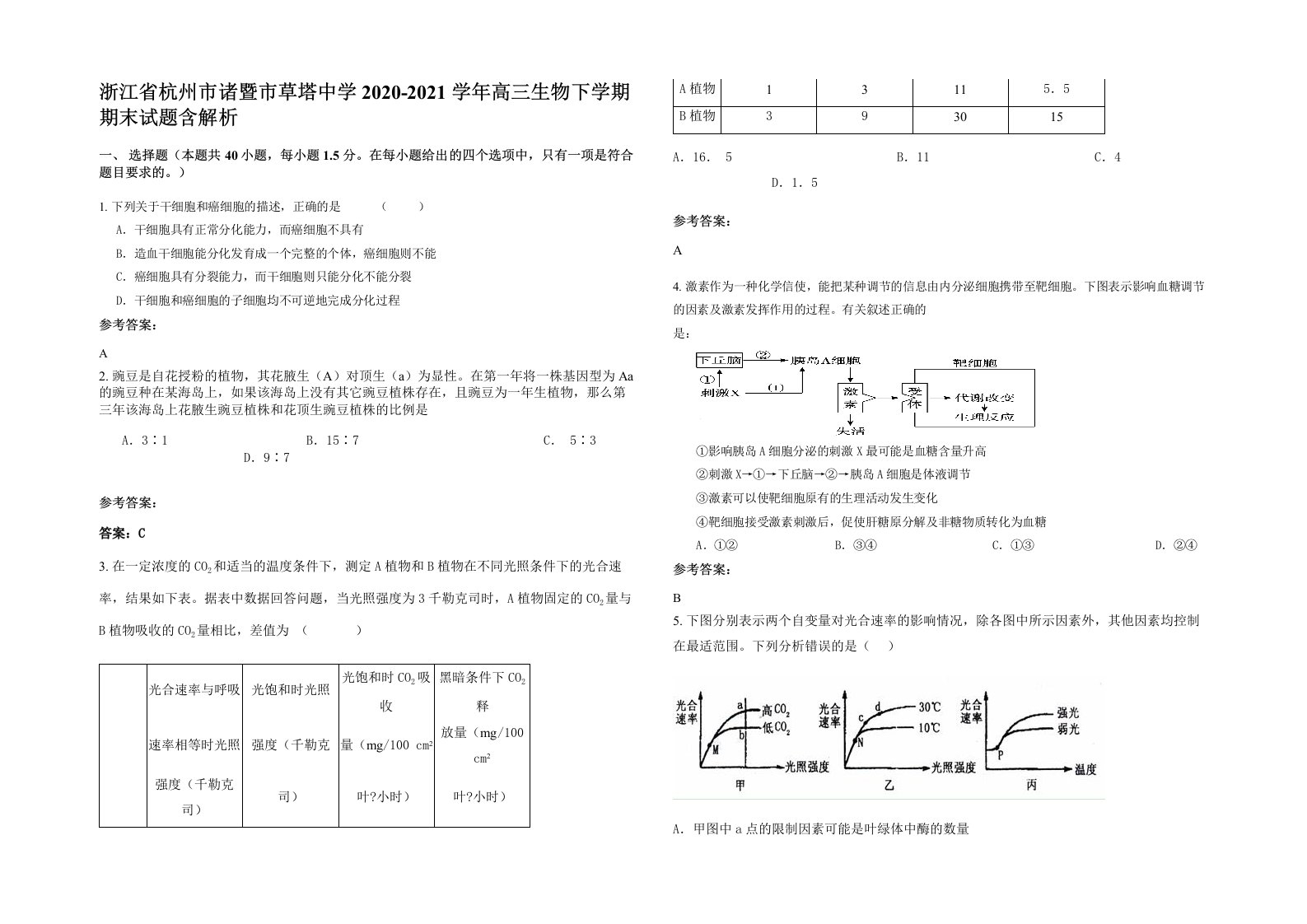 浙江省杭州市诸暨市草塔中学2020-2021学年高三生物下学期期末试题含解析