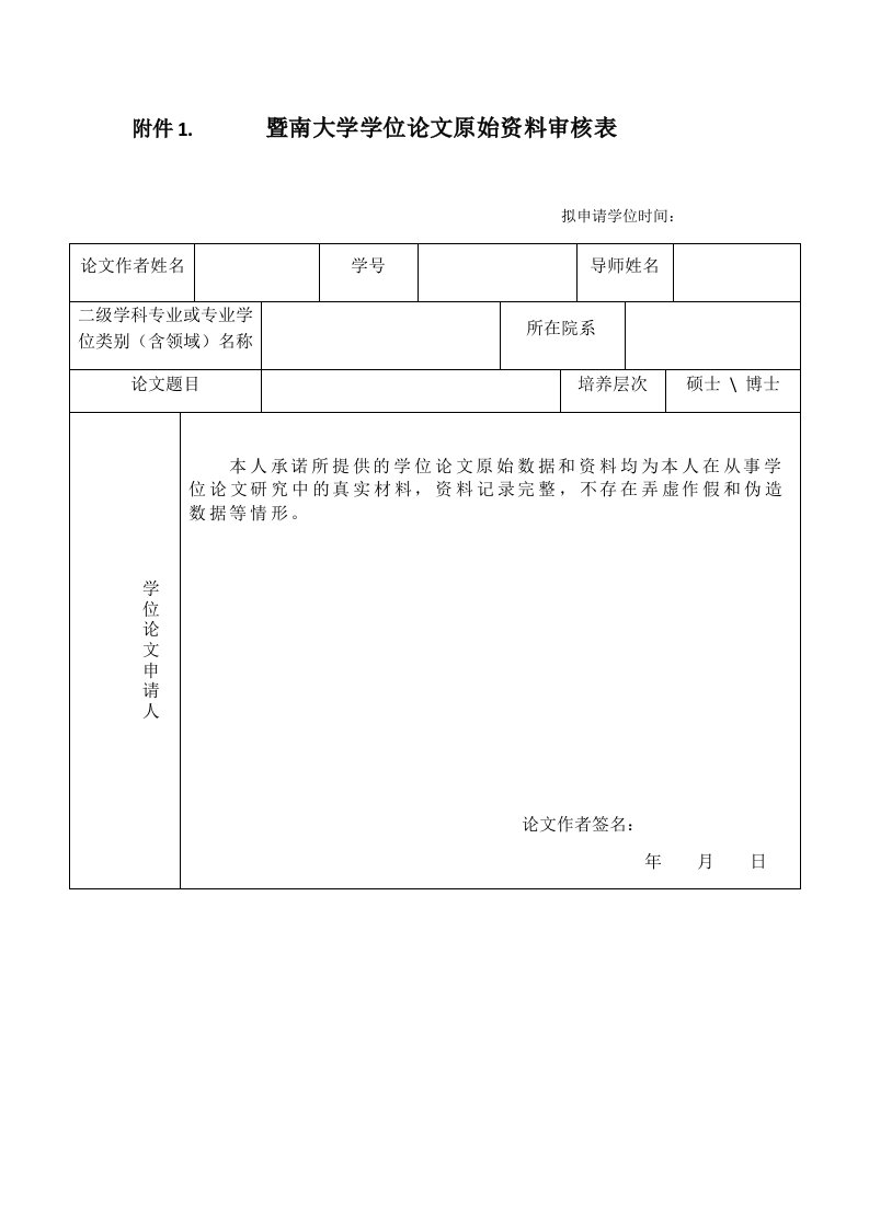 暨南大学学位论文原始资料审核表