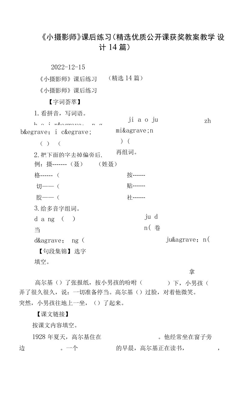 《小摄影师》课后练习（精选优质公开课获奖教案教学设计14篇）