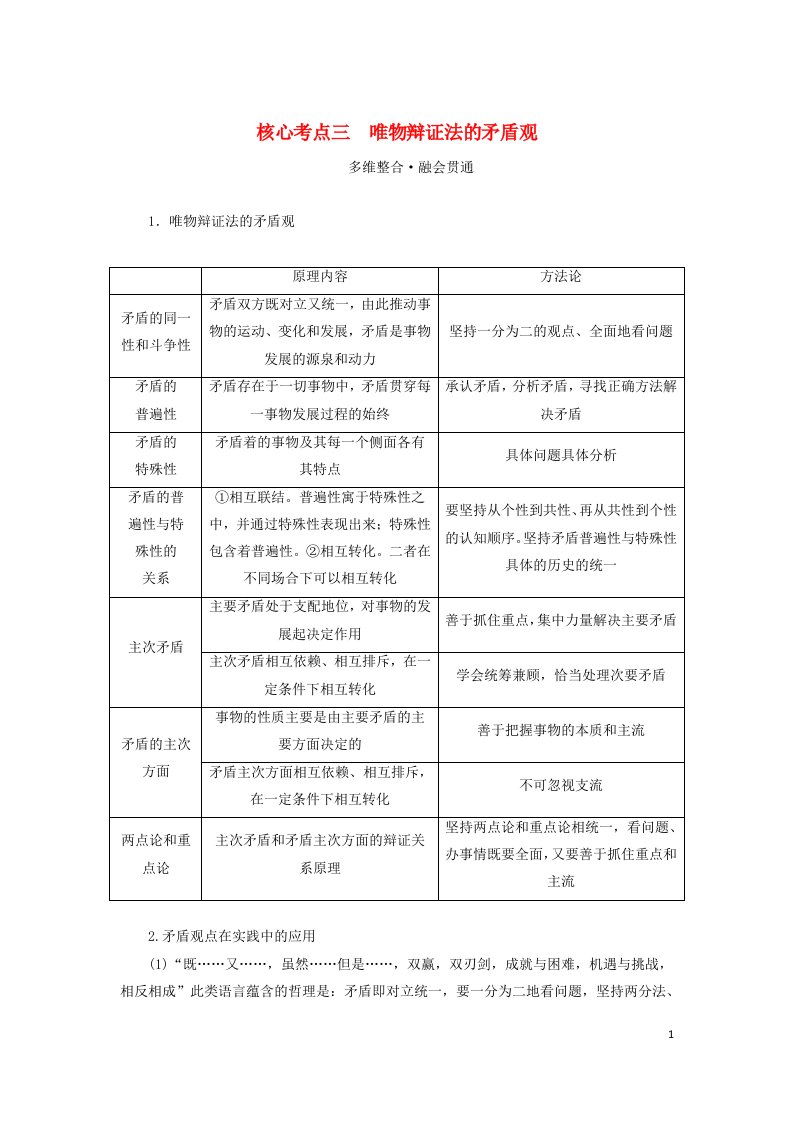 2023新教材高考政治二轮专题复习专题七探索世界与把握规律核心考点三唯物辩证法的矛盾观教师用书