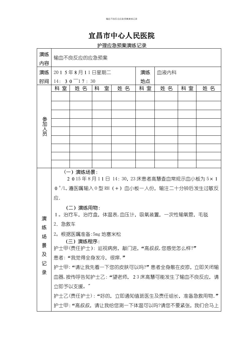 输血不良反应应急预案演练记录