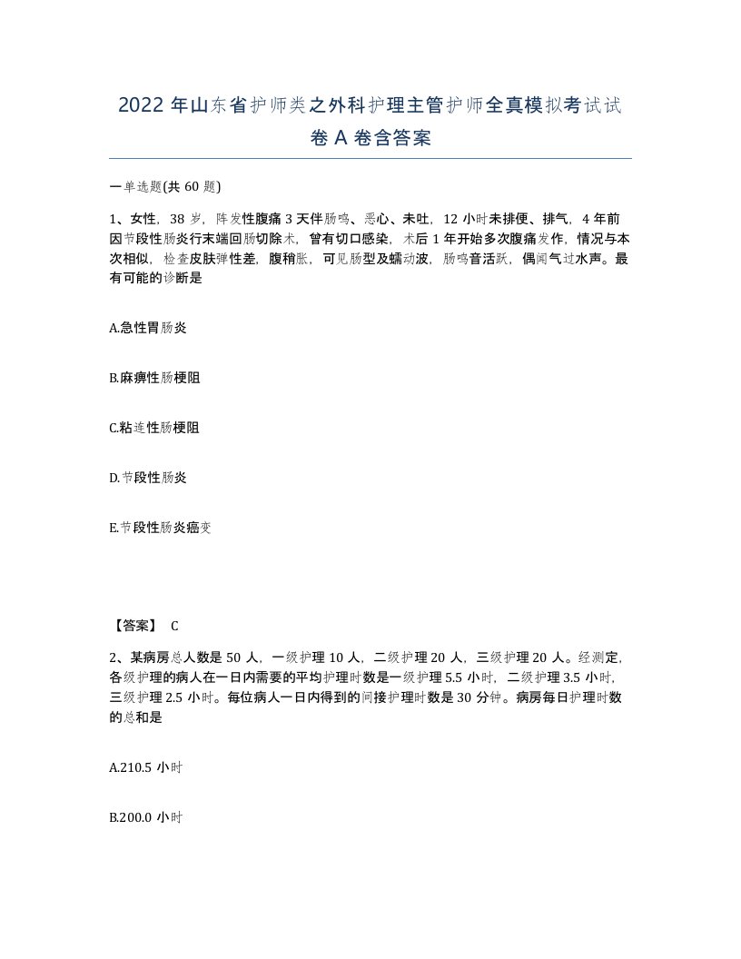 2022年山东省护师类之外科护理主管护师全真模拟考试试卷A卷含答案