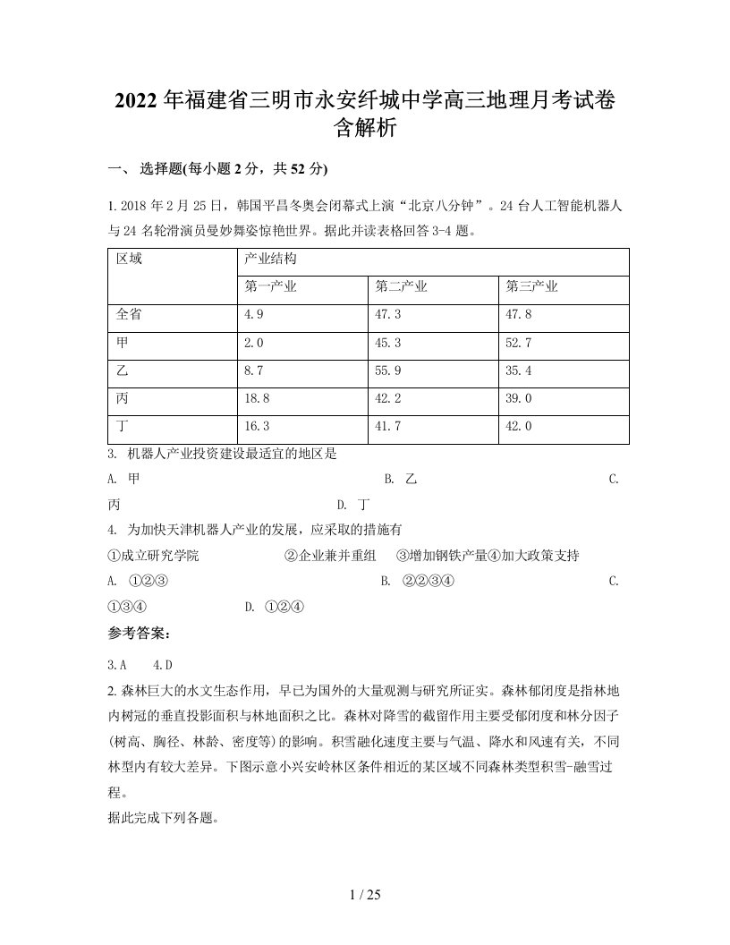 2022年福建省三明市永安纤城中学高三地理月考试卷含解析