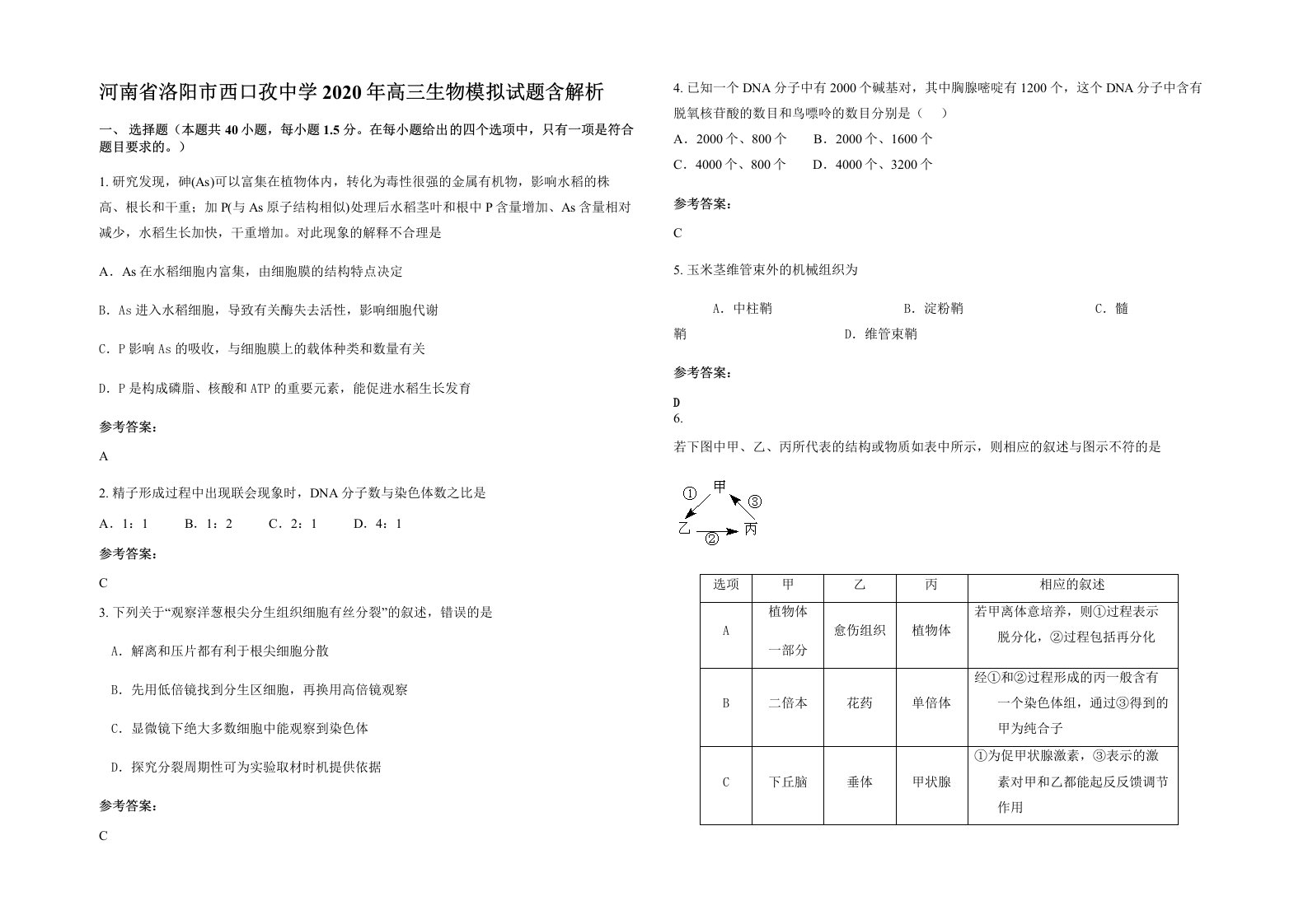 河南省洛阳市西口孜中学2020年高三生物模拟试题含解析