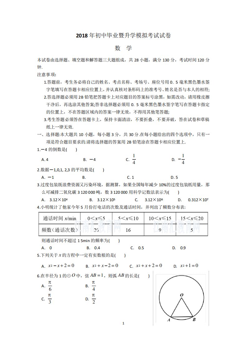 苏州立达中学初三数学一模试题(含答案)