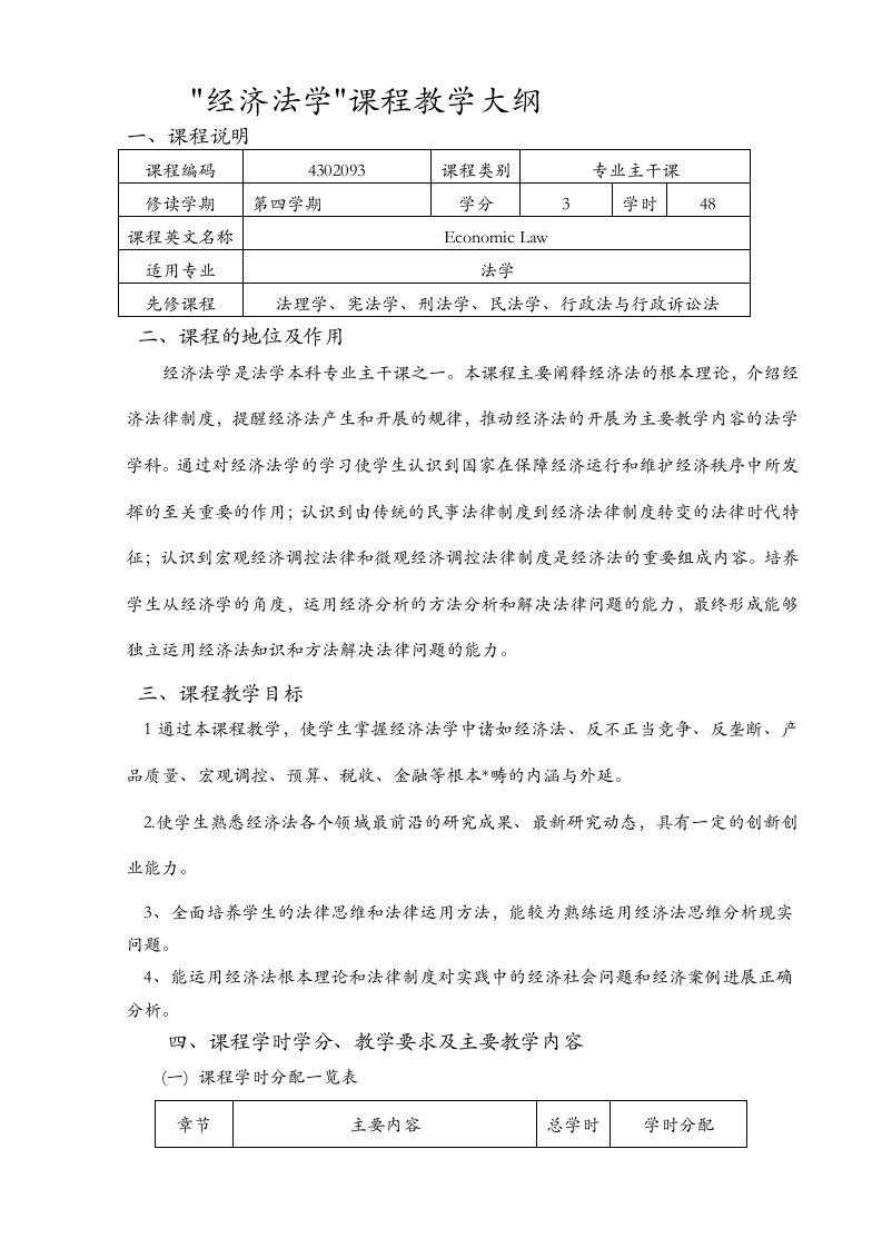 经济法学课程教学大纲